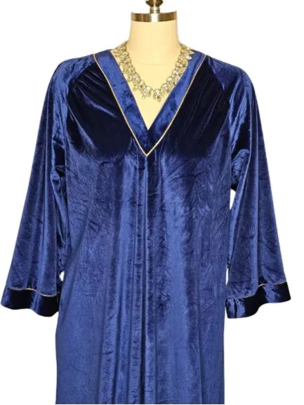 *  VINTAGE VELVETY ROBE CAFTAN WITH GOLD METALLIC TRIM IN MIDNIGHT SAPPHIRE