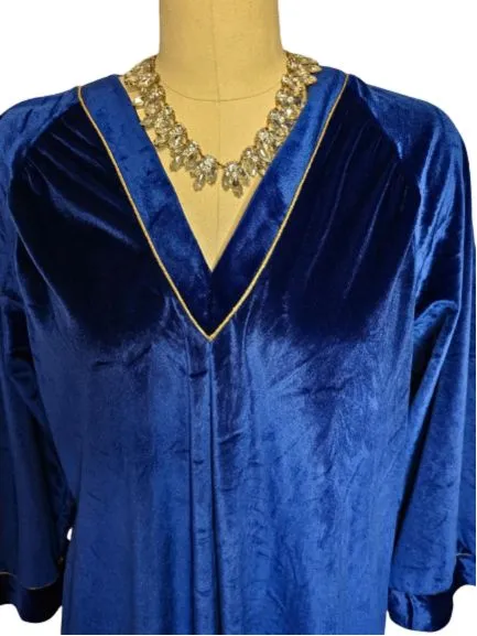 *  VINTAGE VELVETY ROBE CAFTAN WITH GOLD METALLIC TRIM IN MIDNIGHT SAPPHIRE