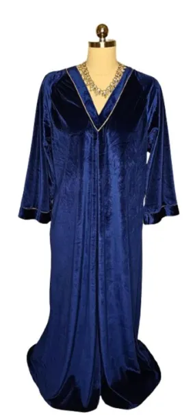 *  VINTAGE VELVETY ROBE CAFTAN WITH GOLD METALLIC TRIM IN MIDNIGHT SAPPHIRE