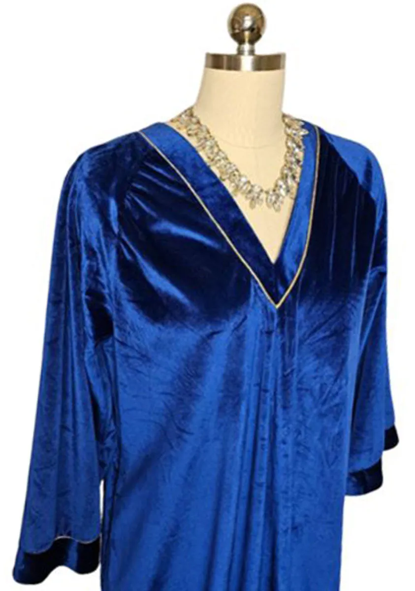 *  VINTAGE VELVETY ROBE CAFTAN WITH GOLD METALLIC TRIM IN MIDNIGHT SAPPHIRE