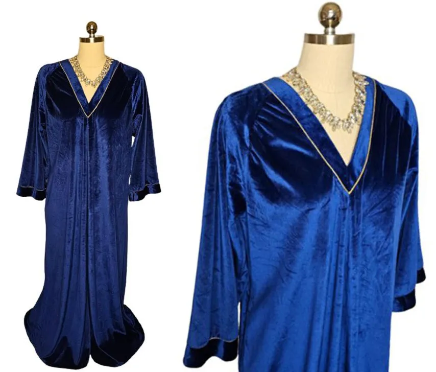 *  VINTAGE VELVETY ROBE CAFTAN WITH GOLD METALLIC TRIM IN MIDNIGHT SAPPHIRE