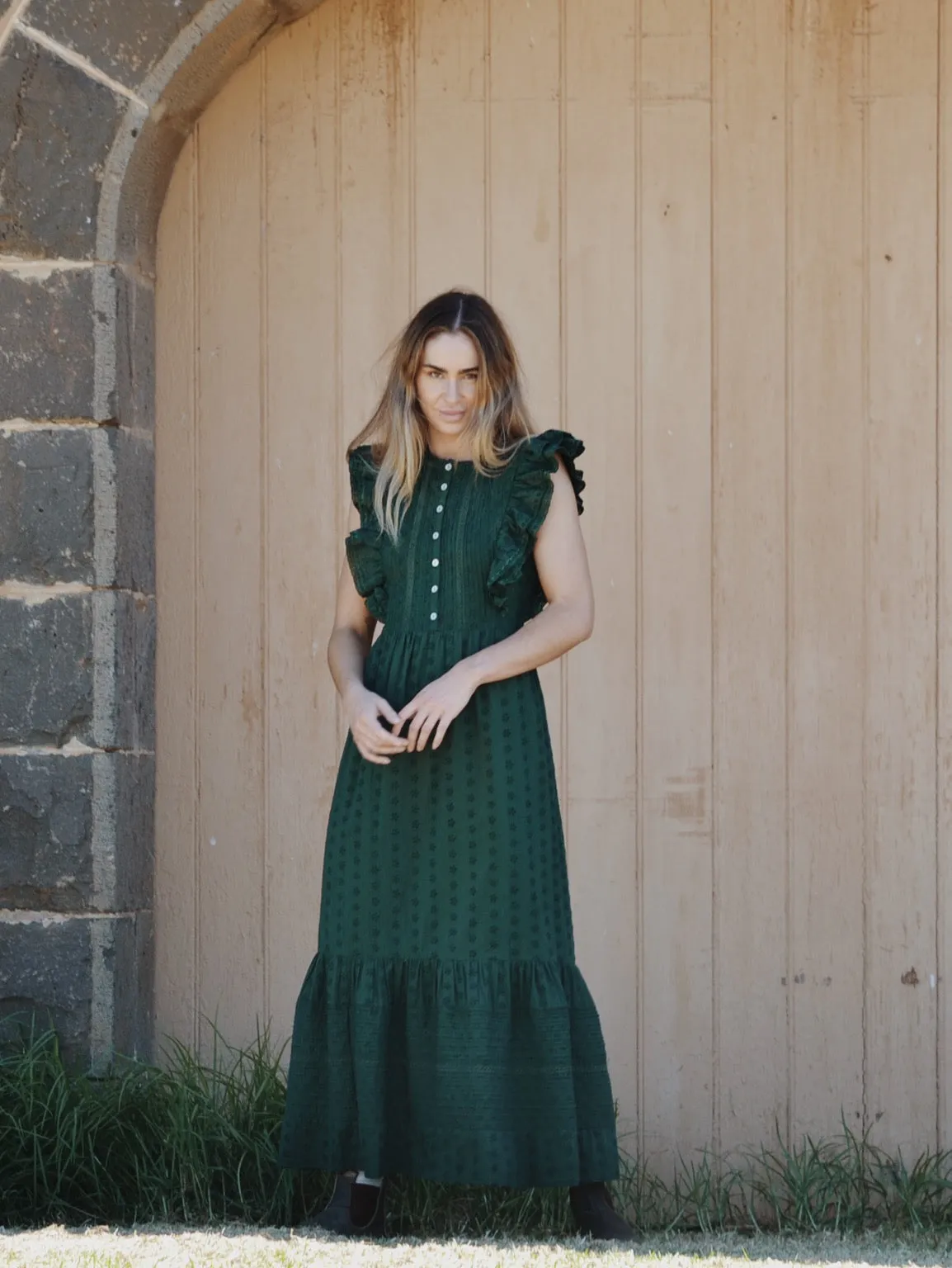 100% RECYCLED COTTON - ARLINGTON DRESS FOREST GREEN BUTTON THROUGH