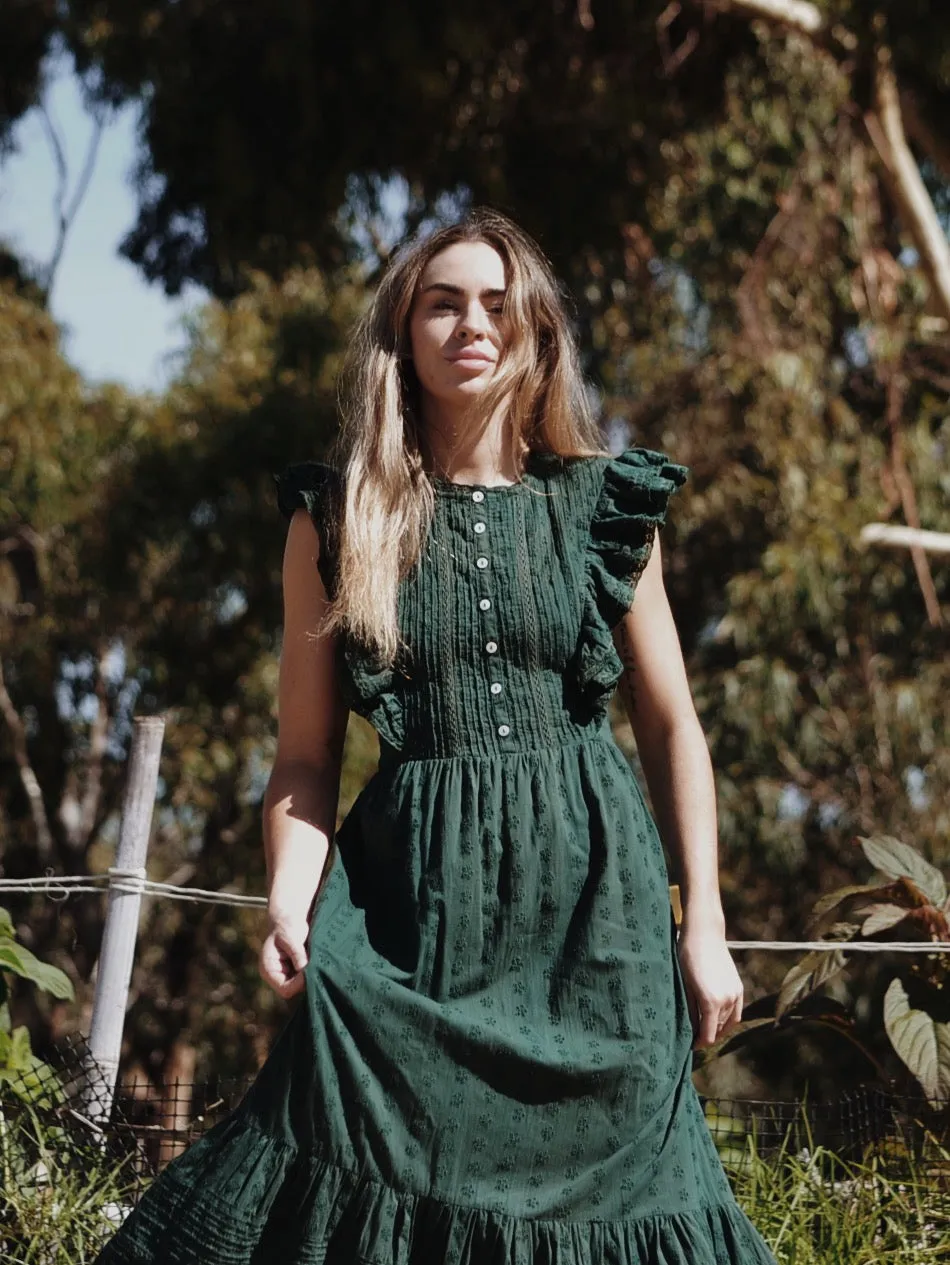 100% RECYCLED COTTON - ARLINGTON DRESS FOREST GREEN BUTTON THROUGH