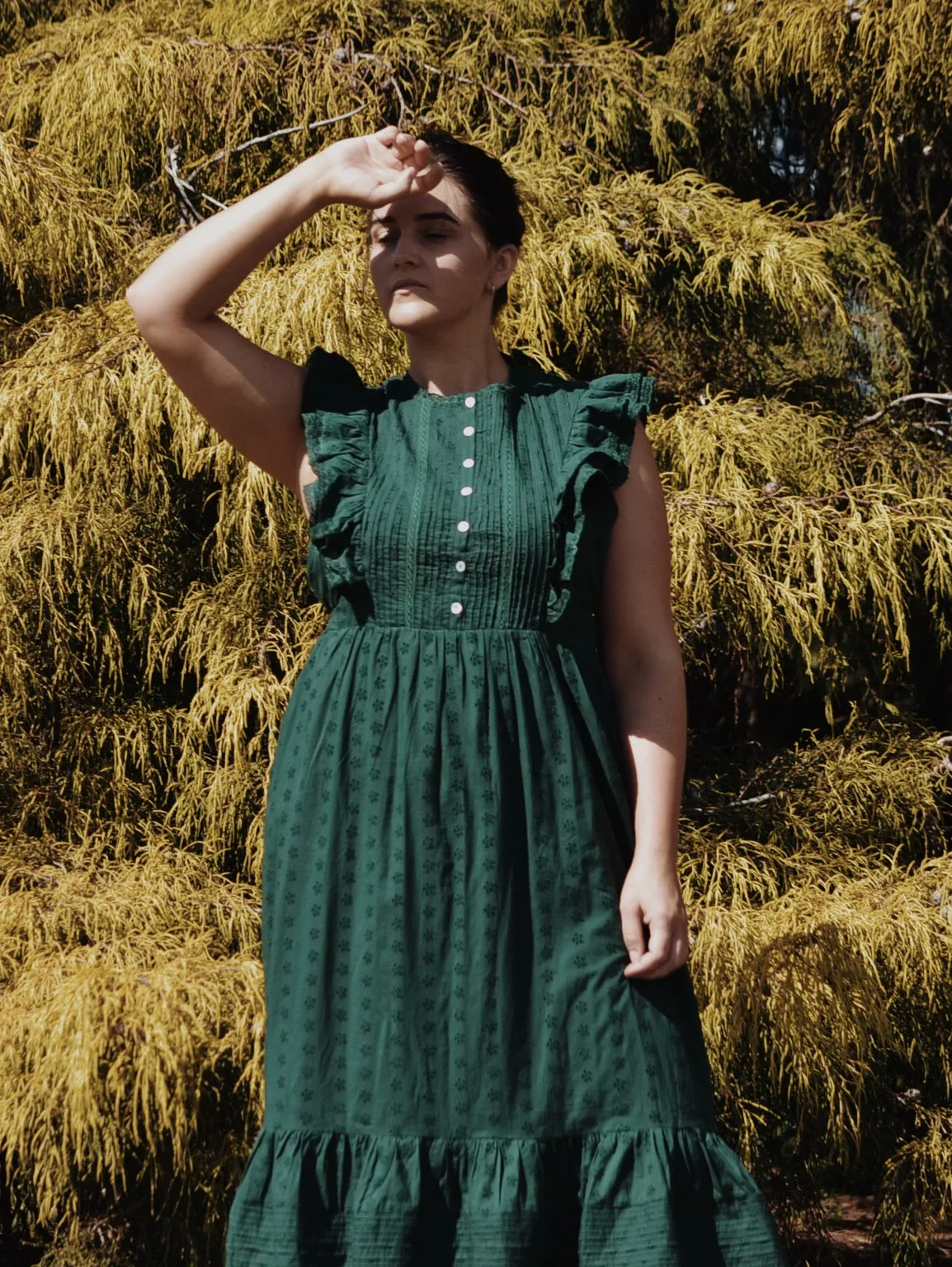 100% RECYCLED COTTON - ARLINGTON DRESS FOREST GREEN BUTTON THROUGH