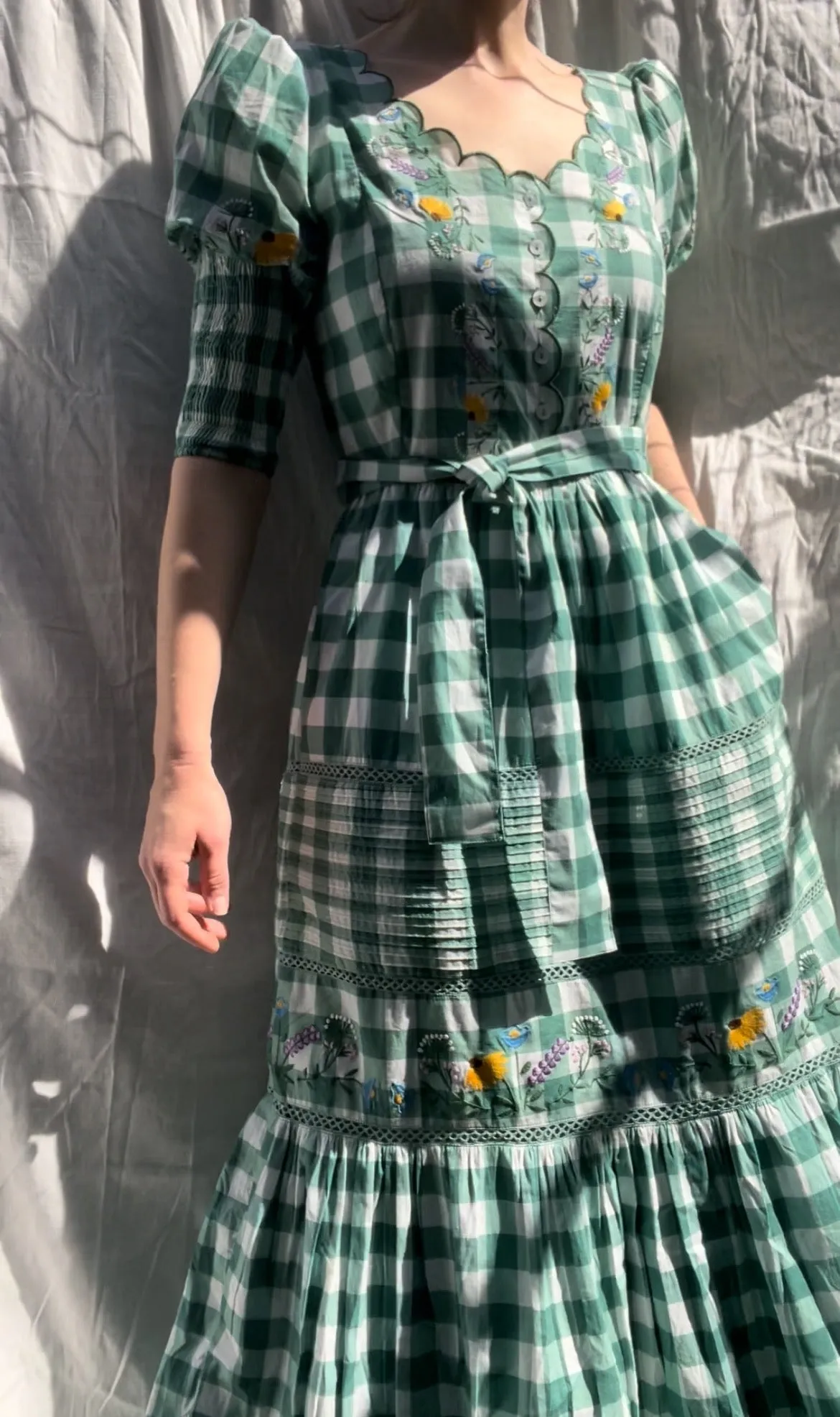 100% RECYCLED COTTON - AUGUSTINE MIDI DRESS GREEN GINGHAM GARDEN