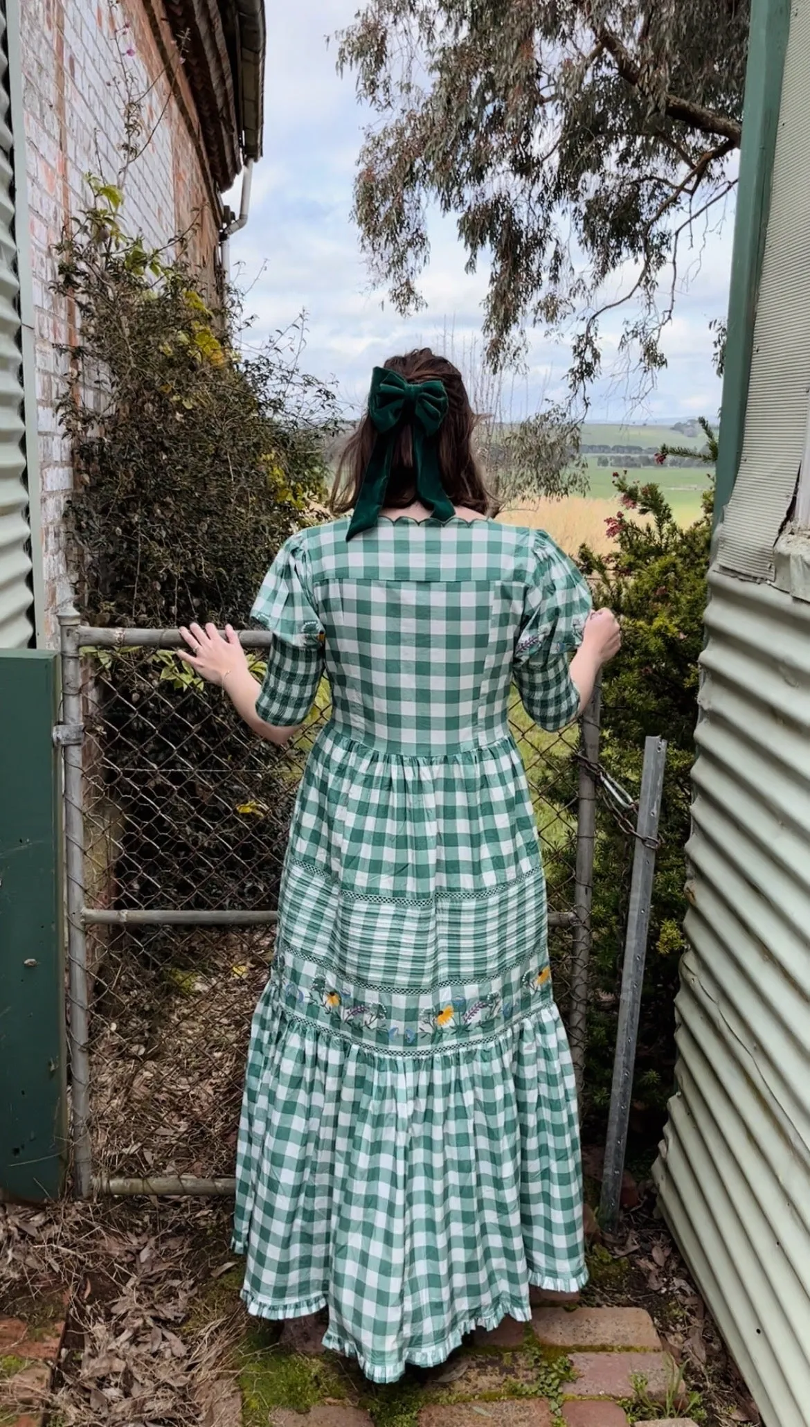 100% RECYCLED COTTON - AUGUSTINE MIDI DRESS GREEN GINGHAM GARDEN