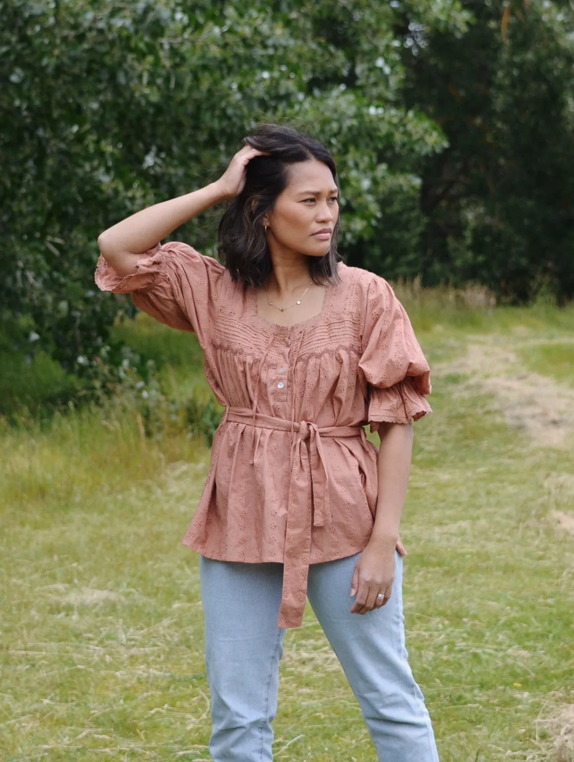 100% RECYCLED COTTON - MORNING SONG HAND SMOCKED BLOUSE ANTIQUE BROWN