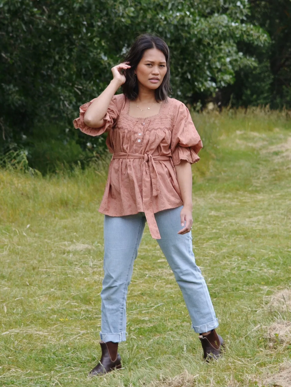 100% RECYCLED COTTON - MORNING SONG HAND SMOCKED BLOUSE ANTIQUE BROWN