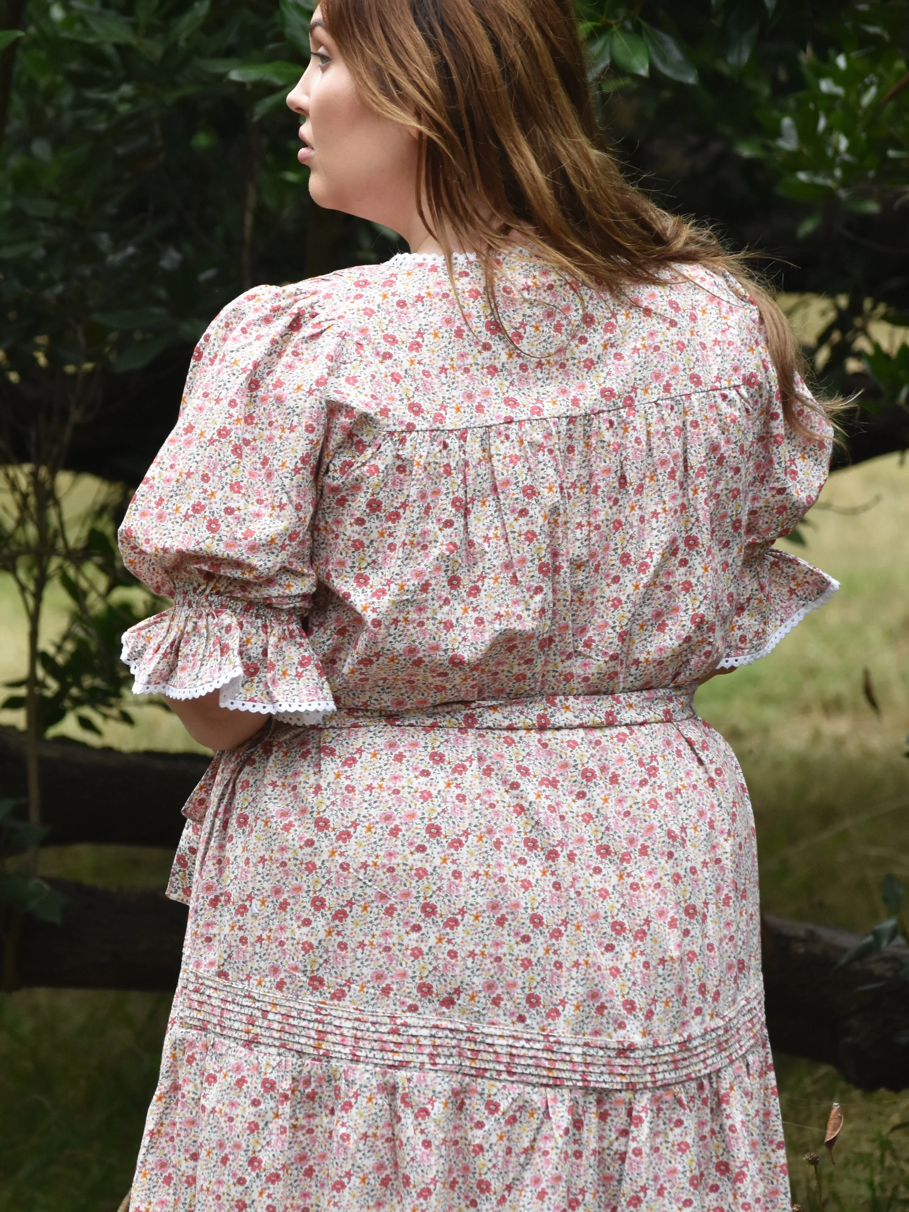 100% RECYCLED COTTON - MORNING SONG HAND SMOCKED TIERED DRESS - PINK DITSY FLORAL