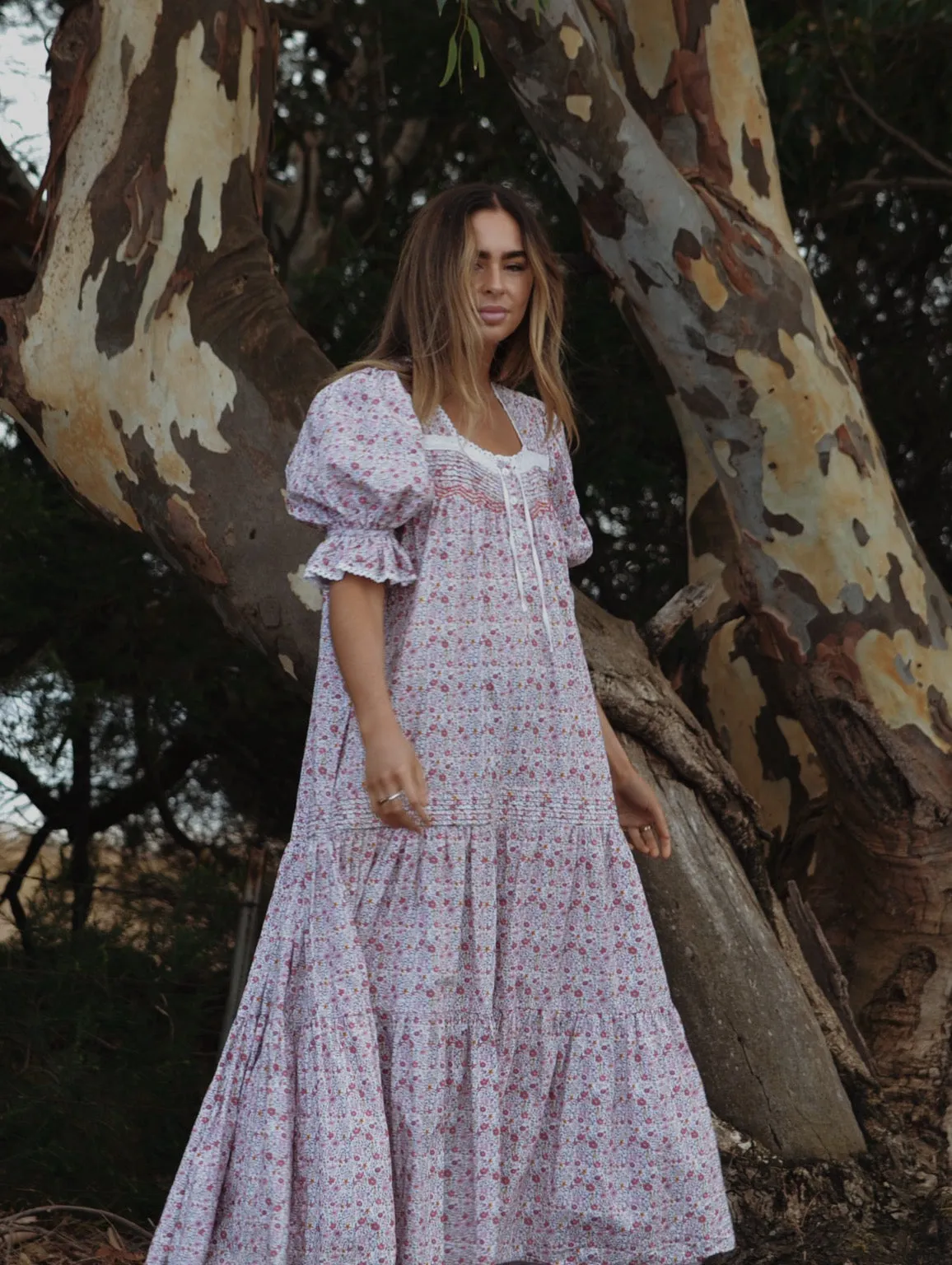 100% RECYCLED COTTON - MORNING SONG HAND SMOCKED TIERED DRESS - PINK DITSY FLORAL