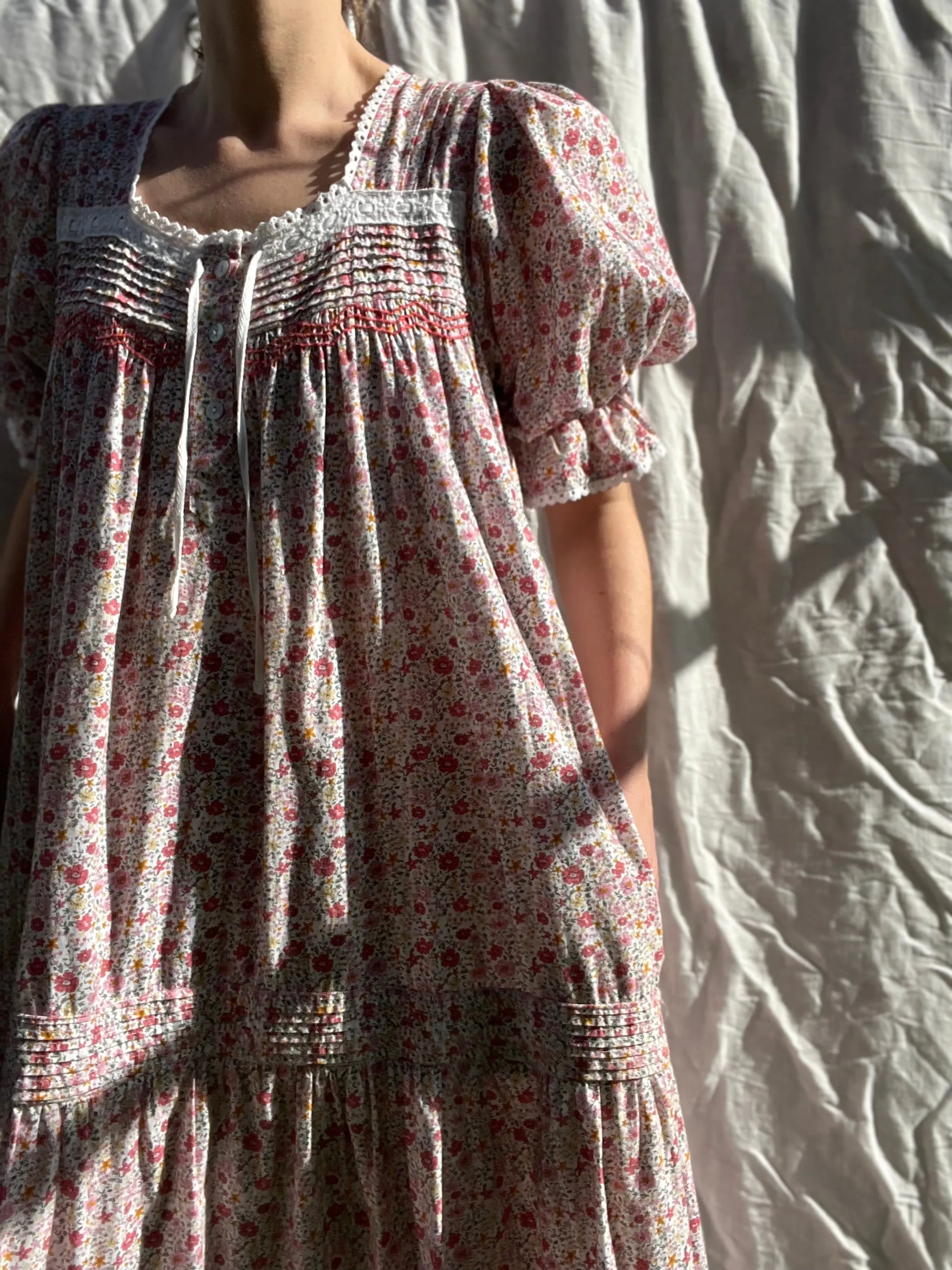 100% RECYCLED COTTON - MORNING SONG HAND SMOCKED TIERED DRESS - PINK DITSY FLORAL