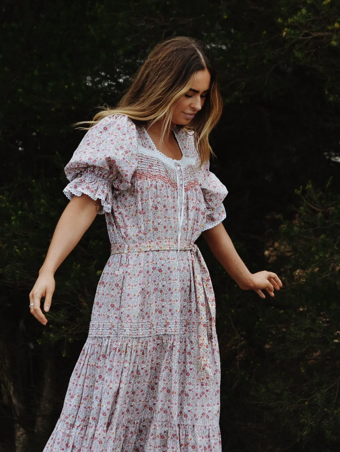 100% RECYCLED COTTON - MORNING SONG HAND SMOCKED TIERED DRESS - PINK DITSY FLORAL