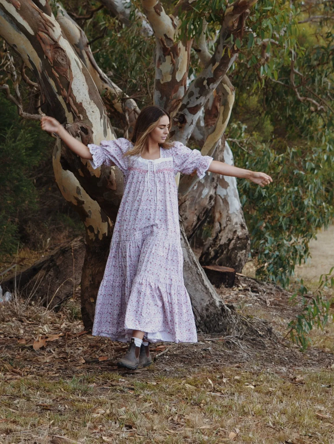 100% RECYCLED COTTON - MORNING SONG HAND SMOCKED TIERED DRESS - PINK DITSY FLORAL