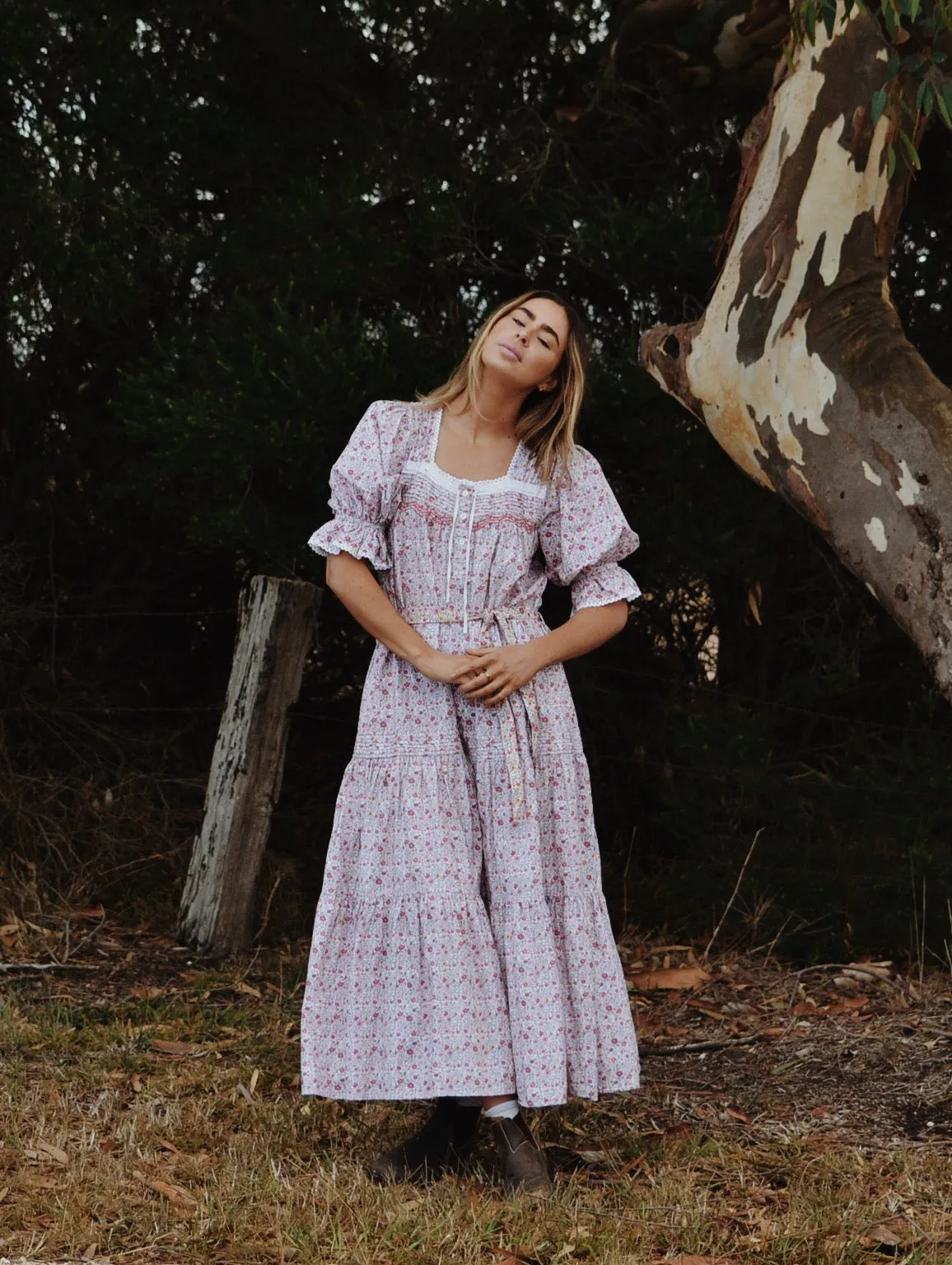 100% RECYCLED COTTON - MORNING SONG HAND SMOCKED TIERED DRESS - PINK DITSY FLORAL