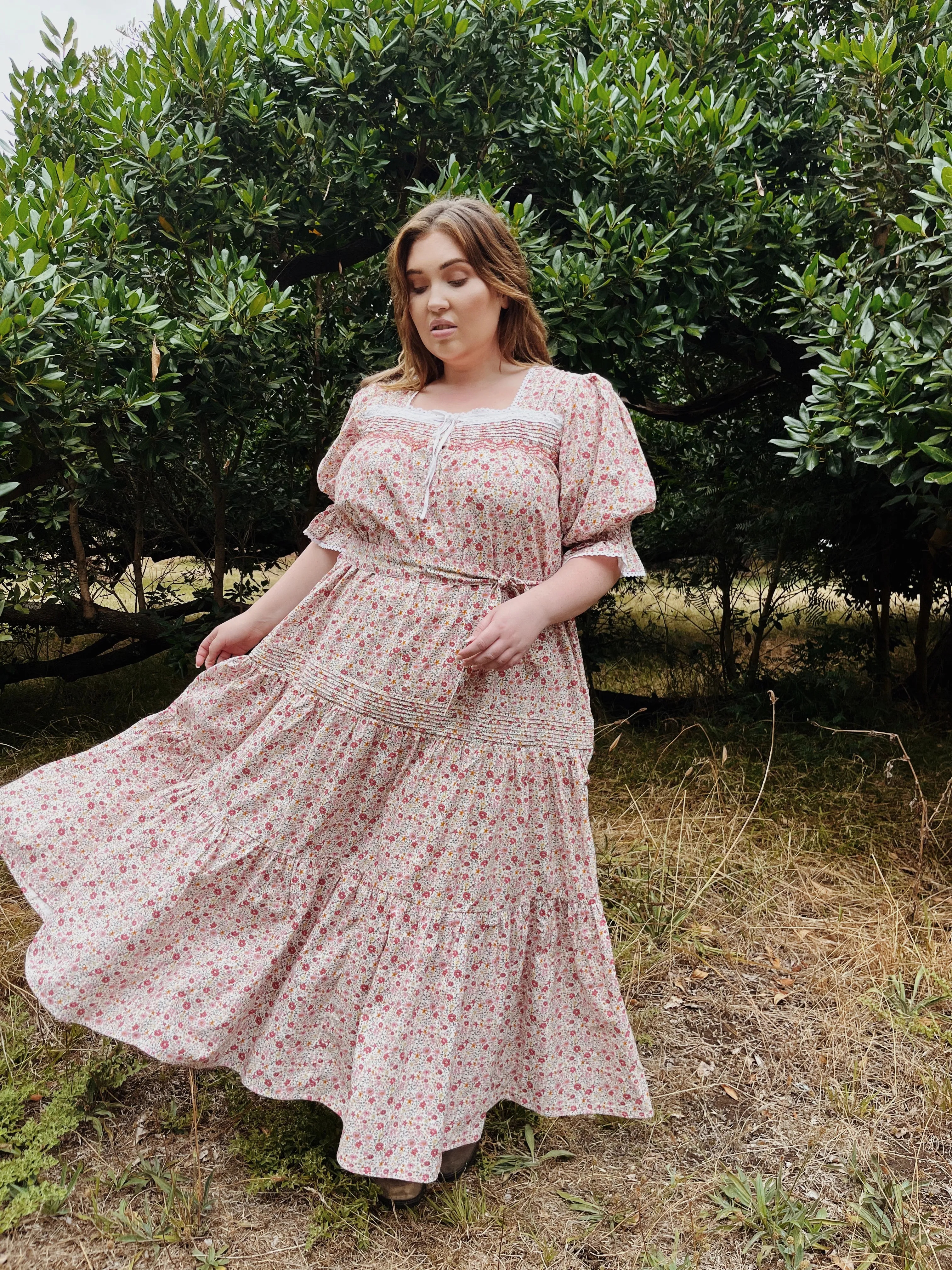 100% RECYCLED COTTON - MORNING SONG HAND SMOCKED TIERED DRESS - PINK DITSY FLORAL