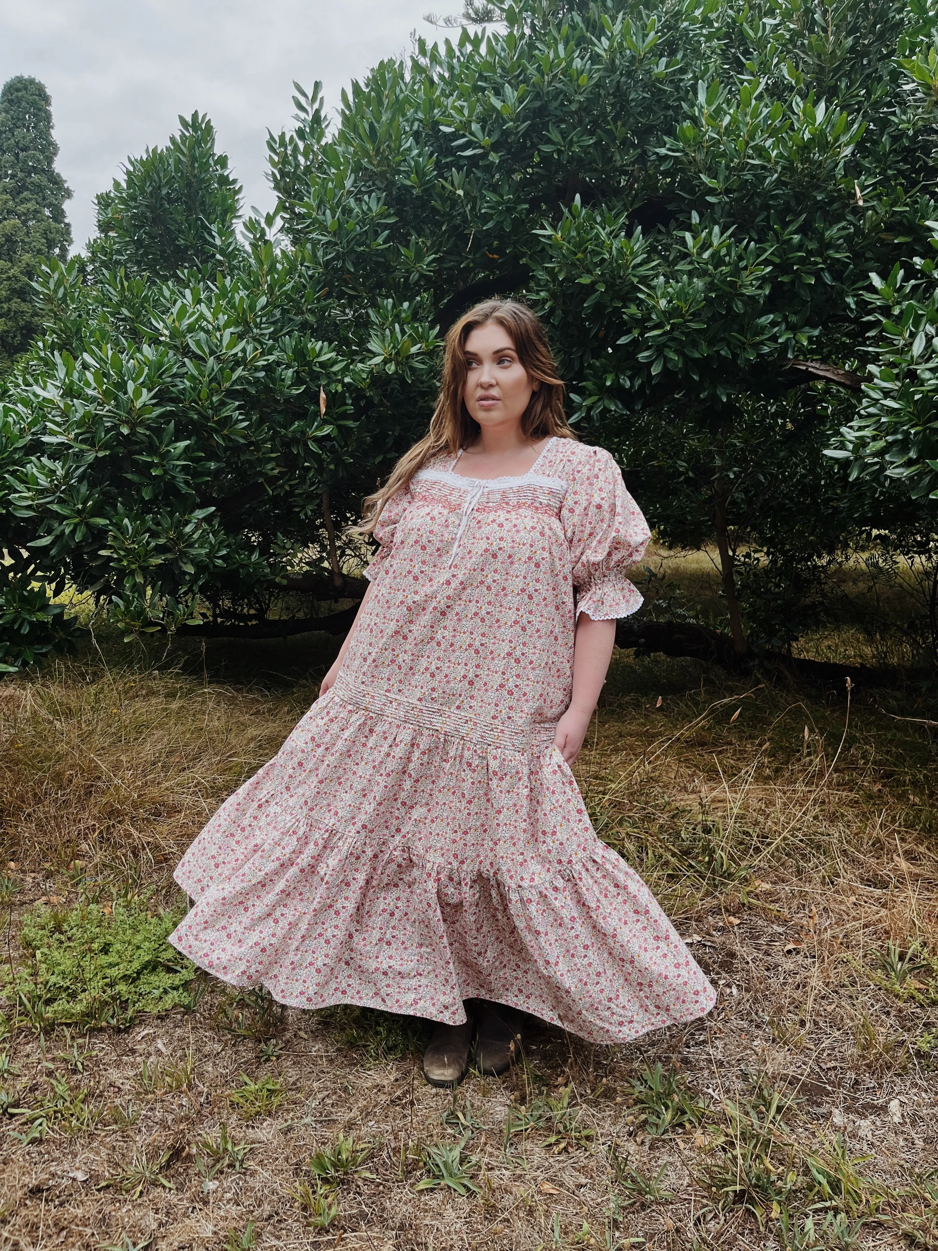 100% RECYCLED COTTON - MORNING SONG HAND SMOCKED TIERED DRESS - PINK DITSY FLORAL