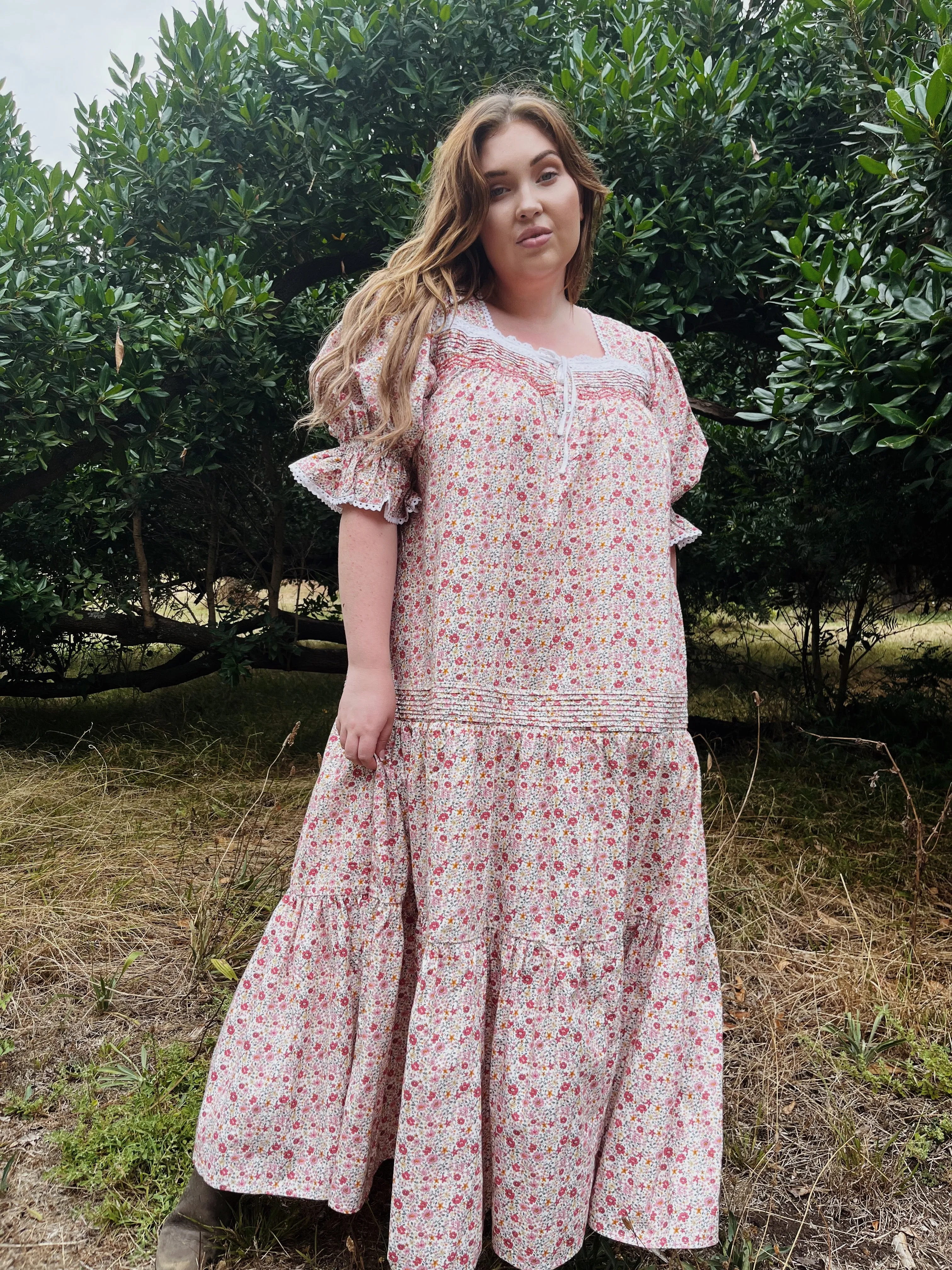 100% RECYCLED COTTON - MORNING SONG HAND SMOCKED TIERED DRESS - PINK DITSY FLORAL