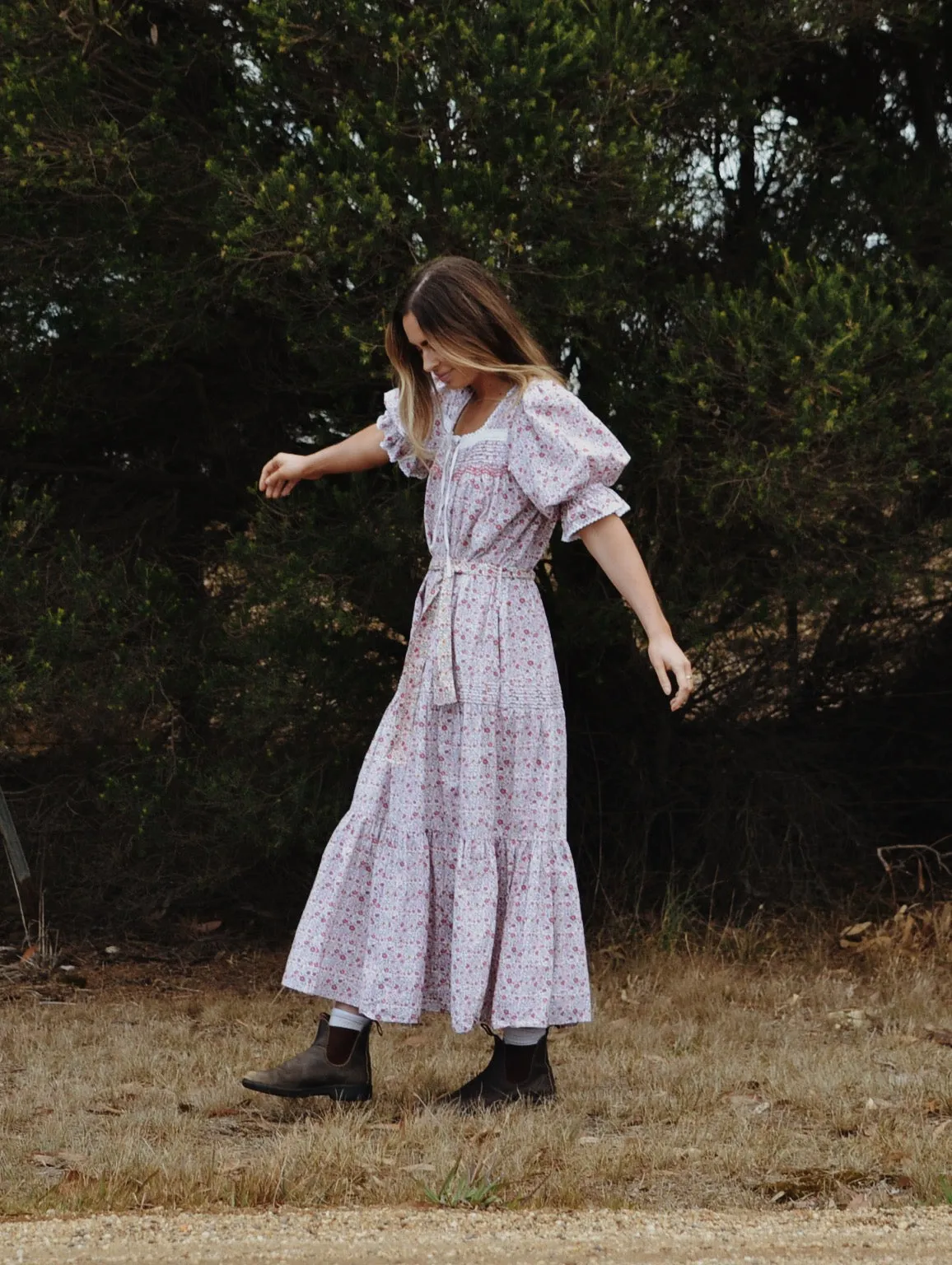 100% RECYCLED COTTON - MORNING SONG HAND SMOCKED TIERED DRESS - PINK DITSY FLORAL