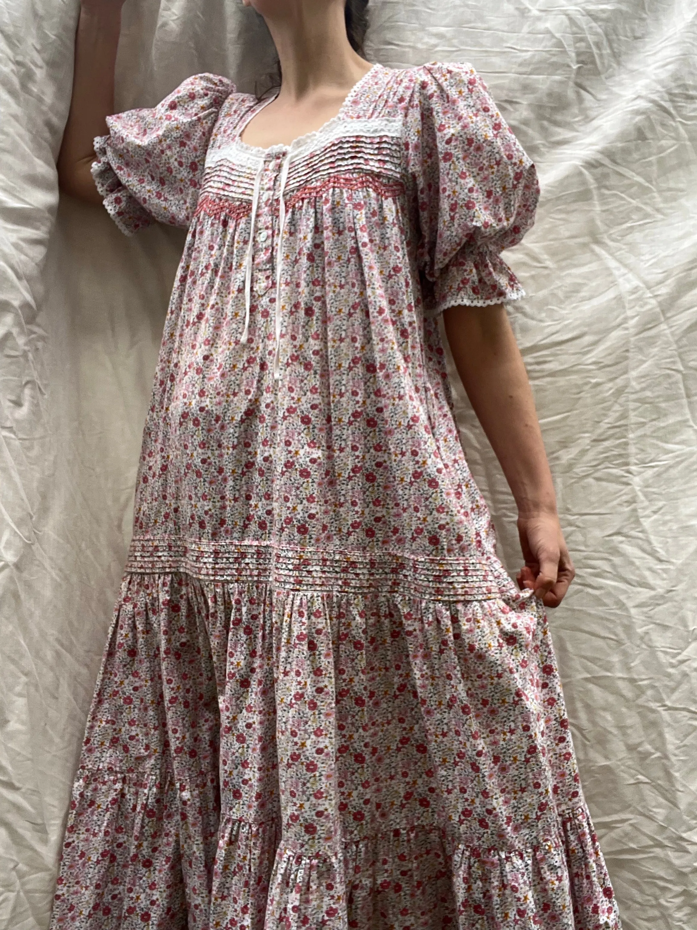 100% RECYCLED COTTON - MORNING SONG HAND SMOCKED TIERED DRESS - PINK DITSY FLORAL