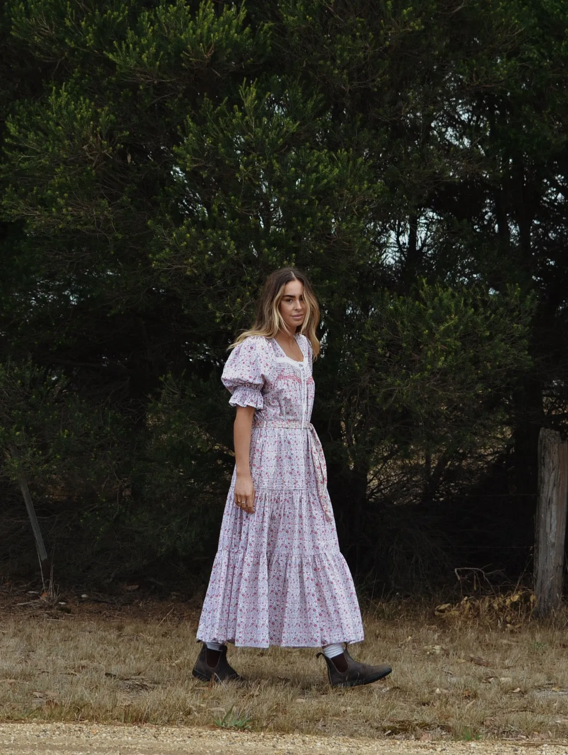 100% RECYCLED COTTON - MORNING SONG HAND SMOCKED TIERED DRESS - PINK DITSY FLORAL