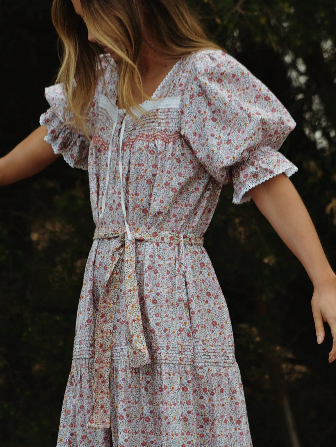 100% RECYCLED COTTON - MORNING SONG HAND SMOCKED TIERED DRESS - PINK DITSY FLORAL