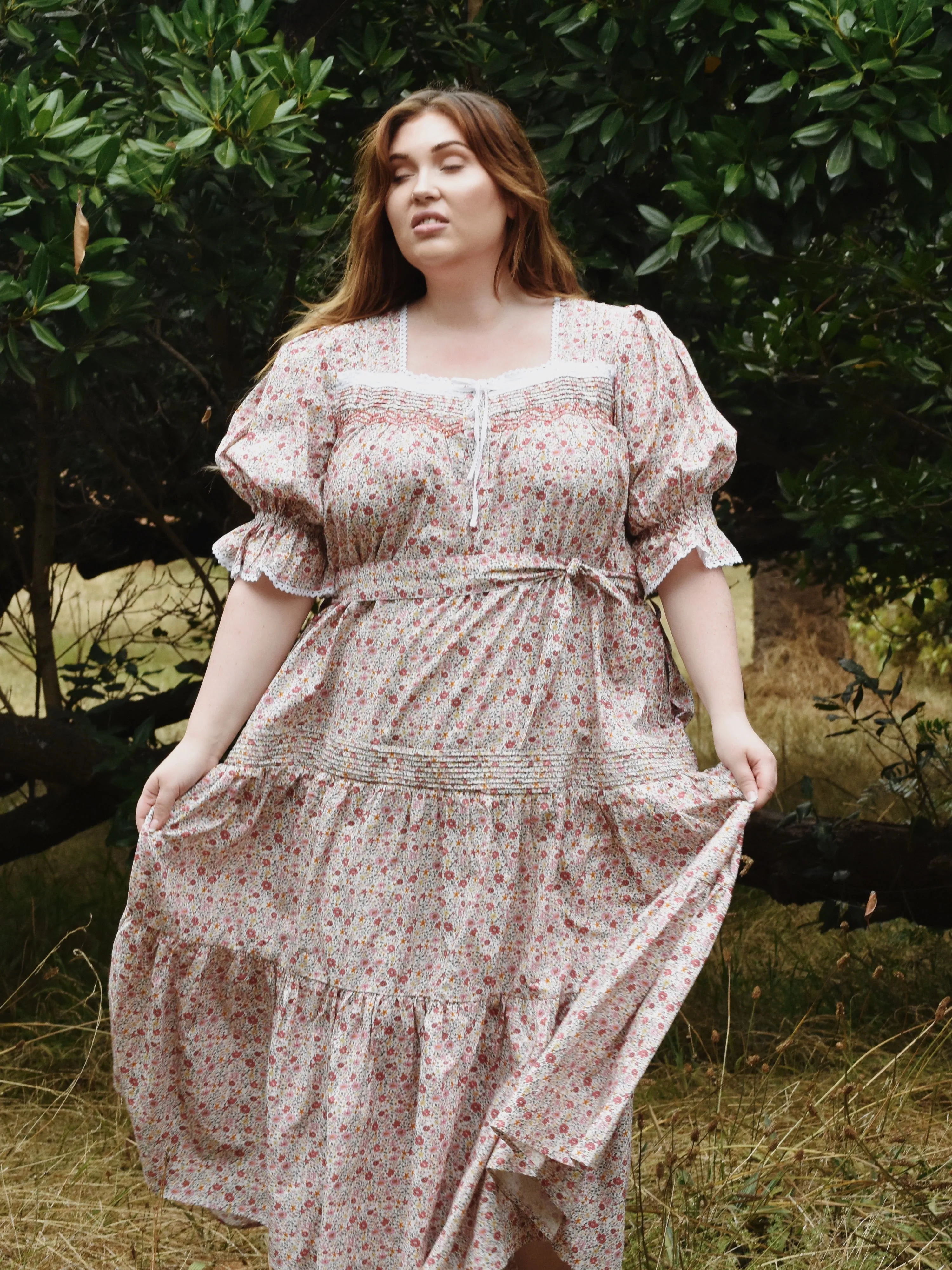 100% RECYCLED COTTON - MORNING SONG HAND SMOCKED TIERED DRESS - PINK DITSY FLORAL