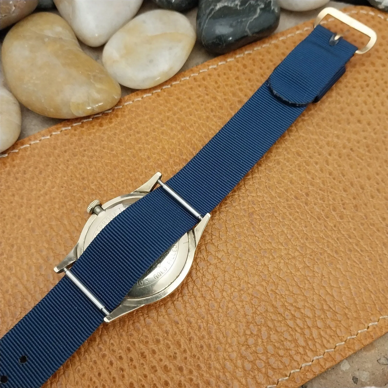 18mm Blue Nylon Single Pass 60s Unused Vintage Watch Band & Gold-Tone Buckle