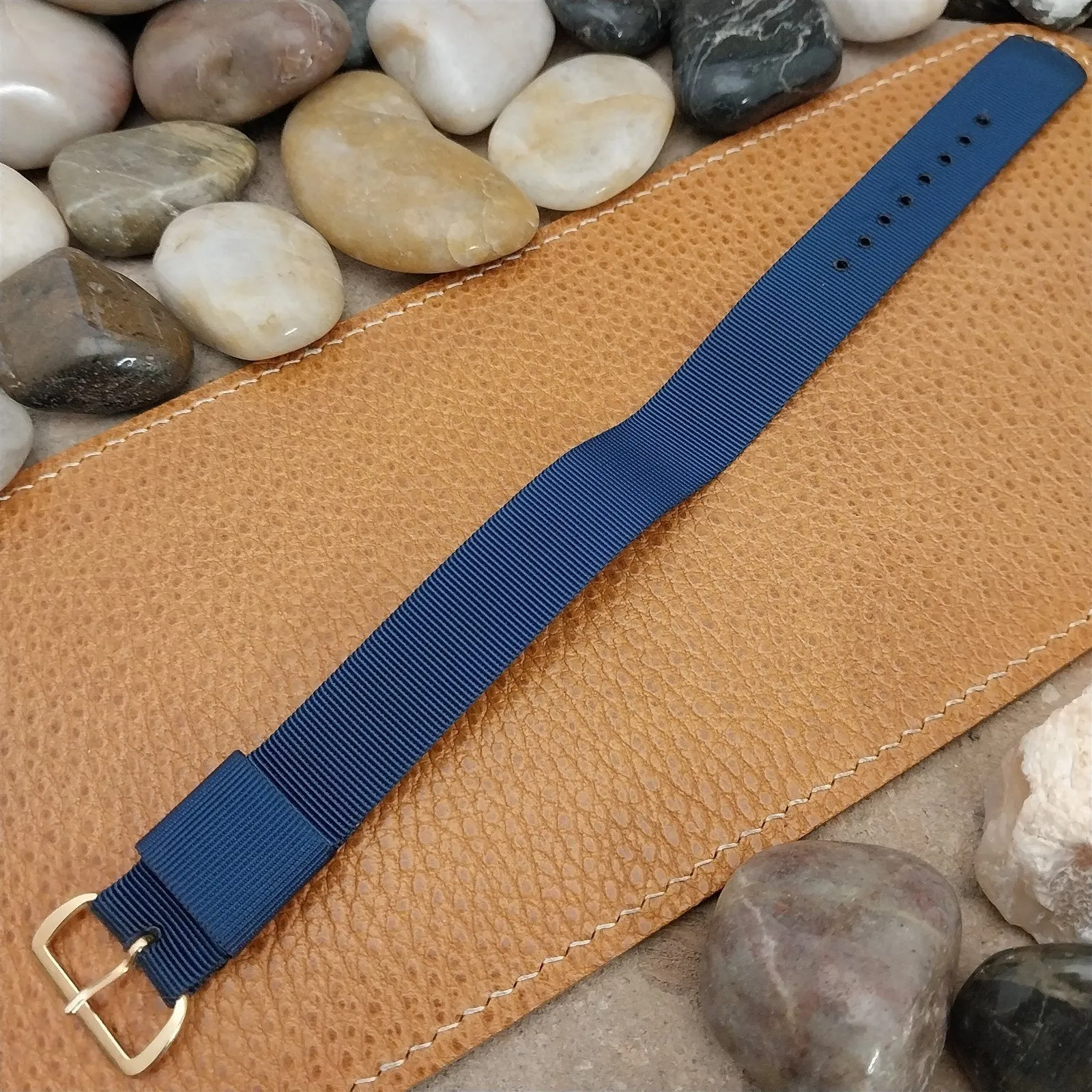 18mm Blue Nylon Single Pass 60s Unused Vintage Watch Band & Gold-Tone Buckle