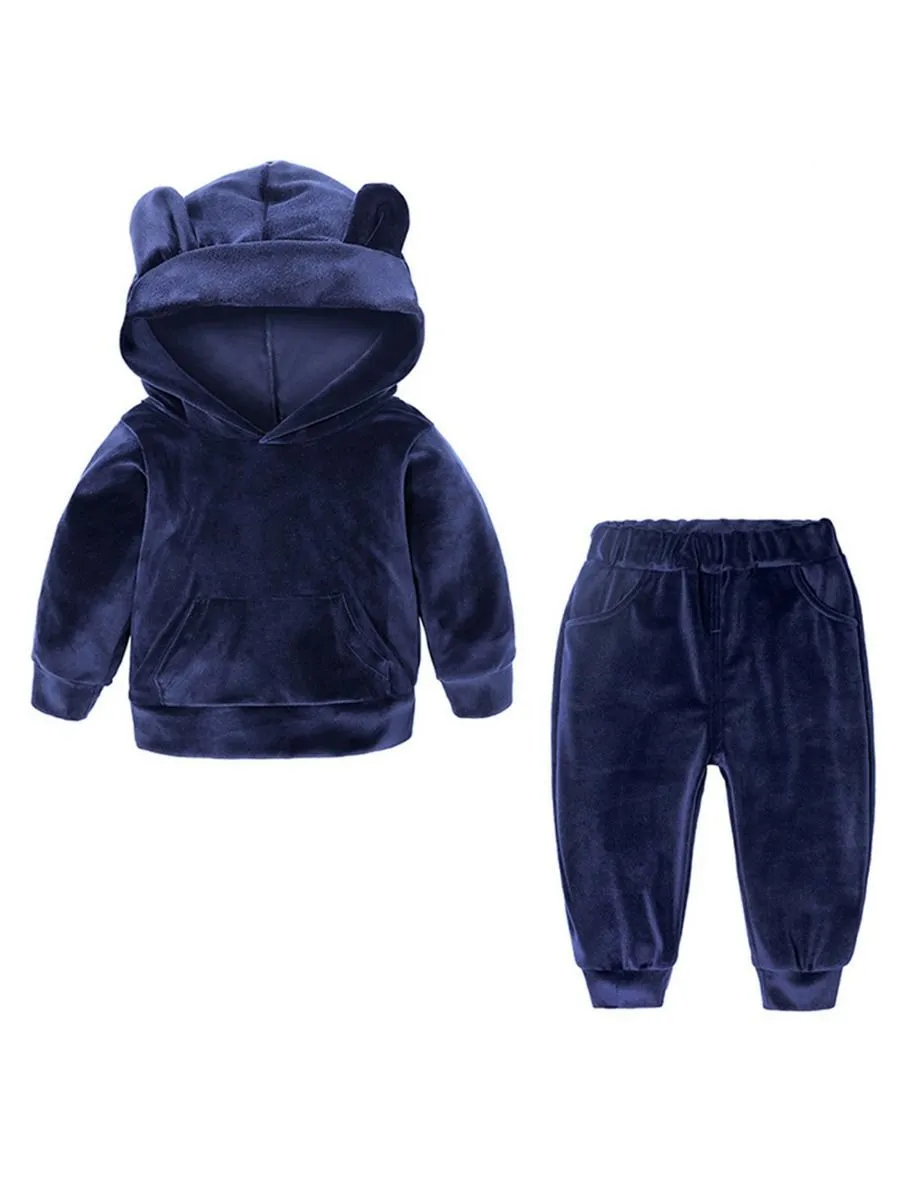 4 Colors Unisex Spring Indoor Bear Ear Style Velvet  2-Piece Clothes Outfits Hoodie and Pants