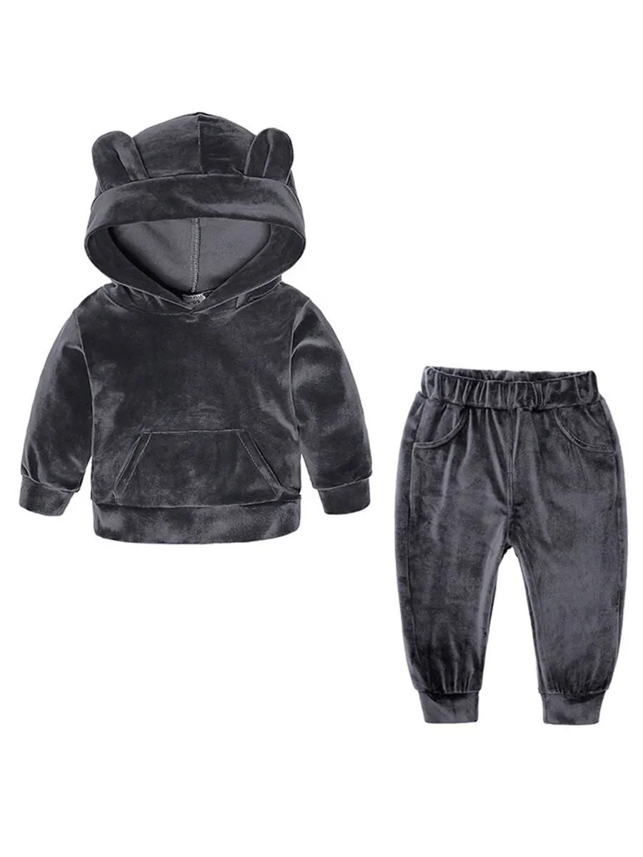 4 Colors Unisex Spring Indoor Bear Ear Style Velvet  2-Piece Clothes Outfits Hoodie and Pants