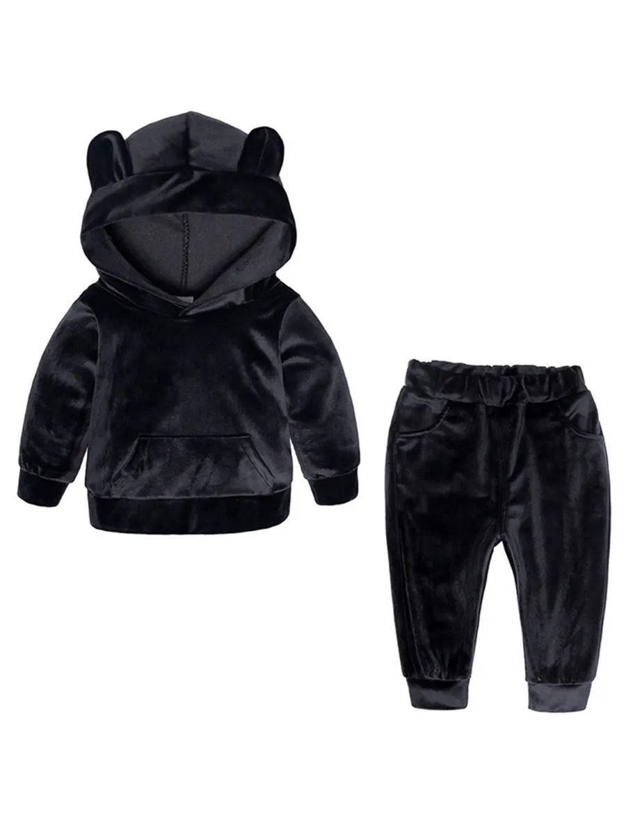 4 Colors Unisex Spring Indoor Bear Ear Style Velvet  2-Piece Clothes Outfits Hoodie and Pants