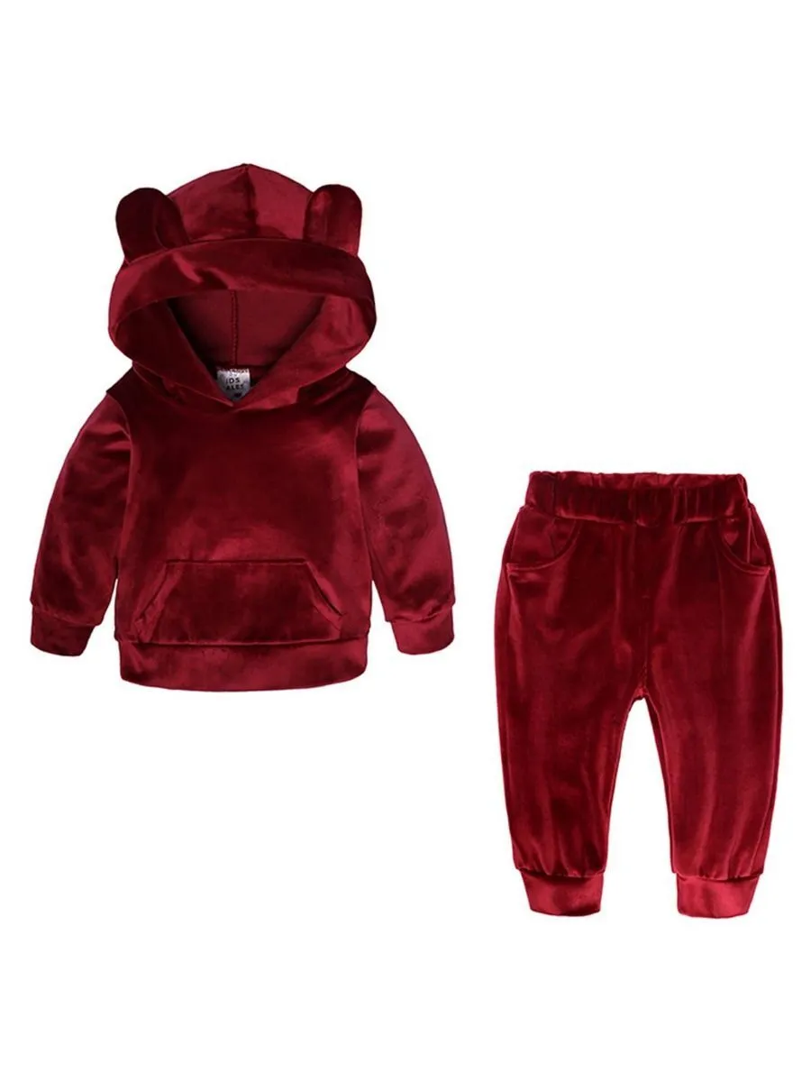 4 Colors Unisex Spring Indoor Bear Ear Style Velvet  2-Piece Clothes Outfits Hoodie and Pants