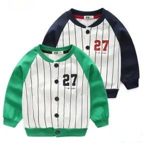 5 Colors Stylish 27 Print Buttoned Striped French Terry Jacket Long Sleeve Toddler Kids Sportswear