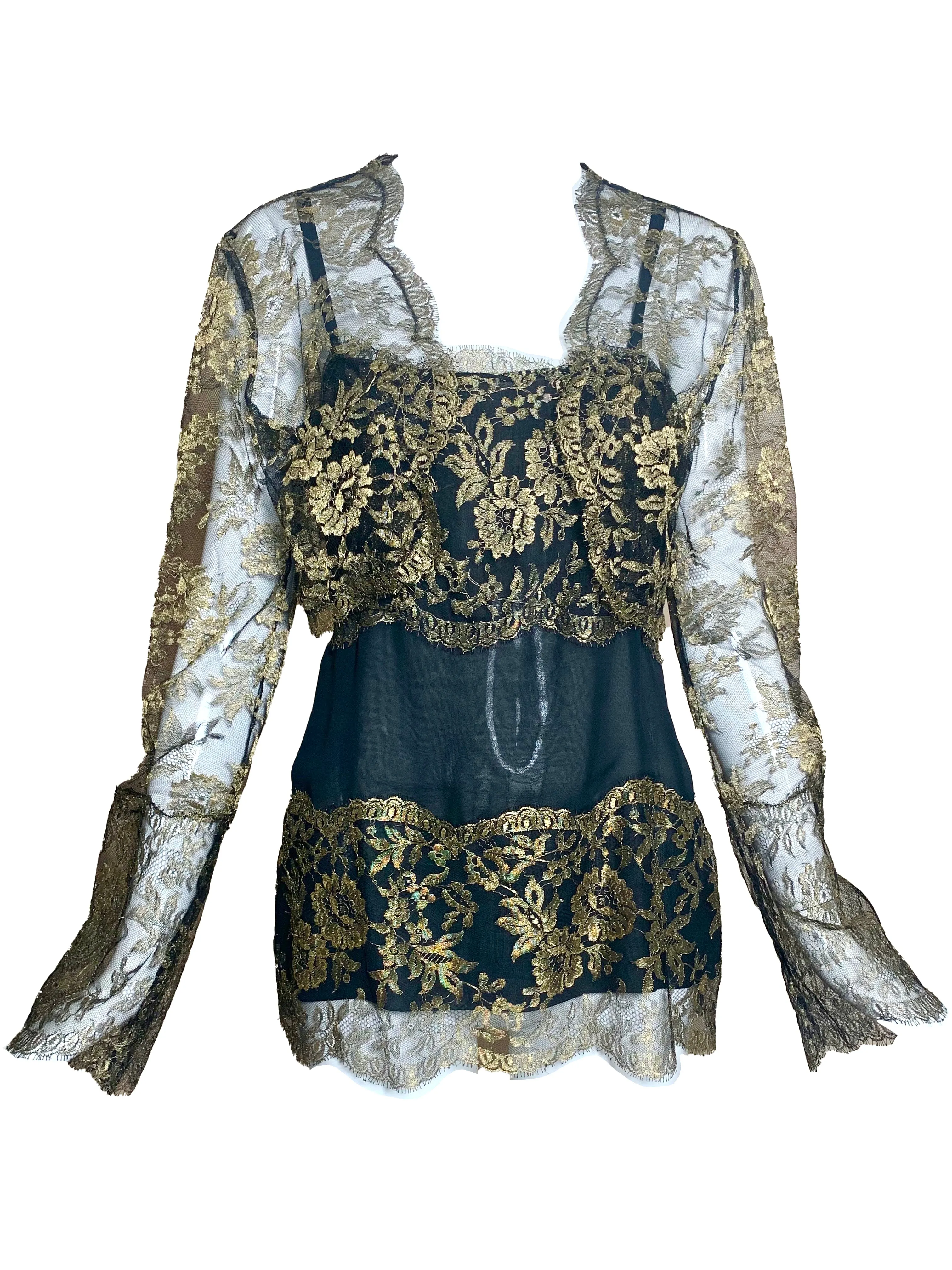 80s Gold Lame Lace Evening Blouse with Matching Cropped Jacket