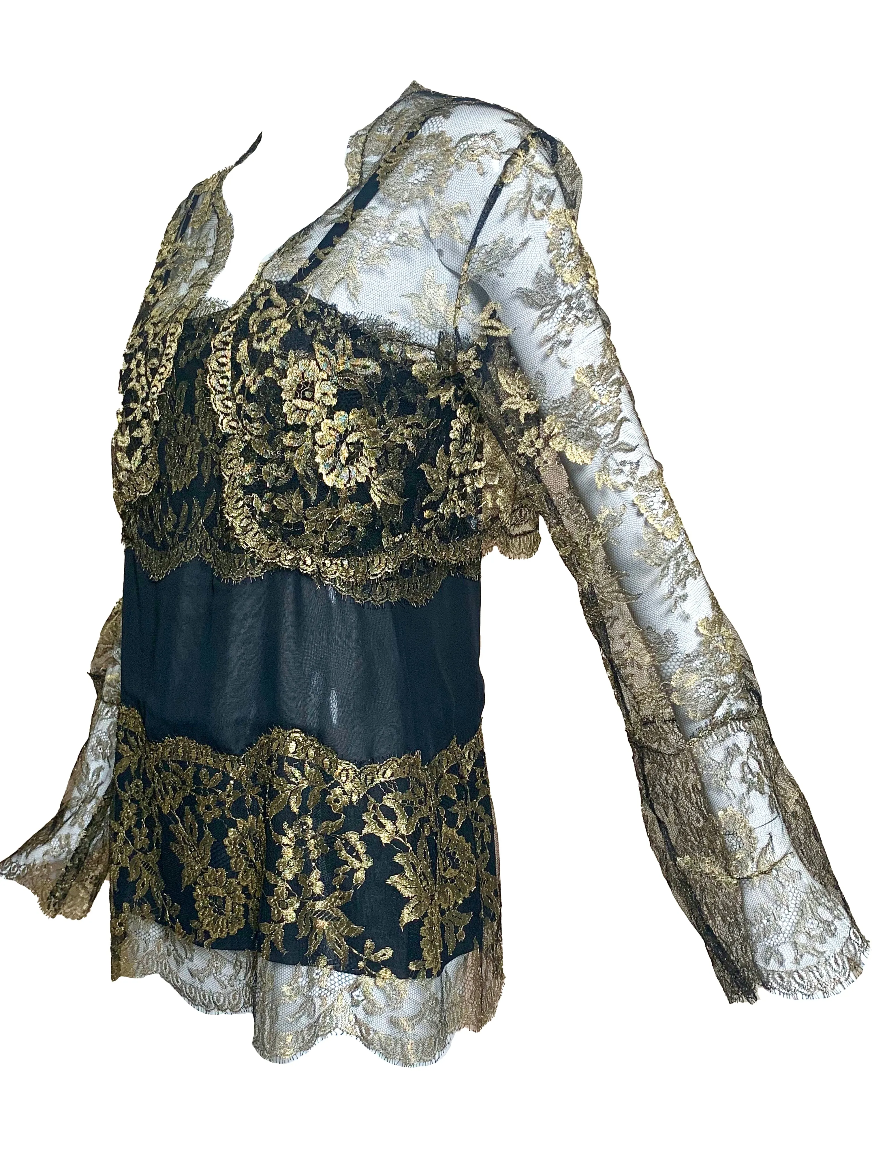 80s Gold Lame Lace Evening Blouse with Matching Cropped Jacket