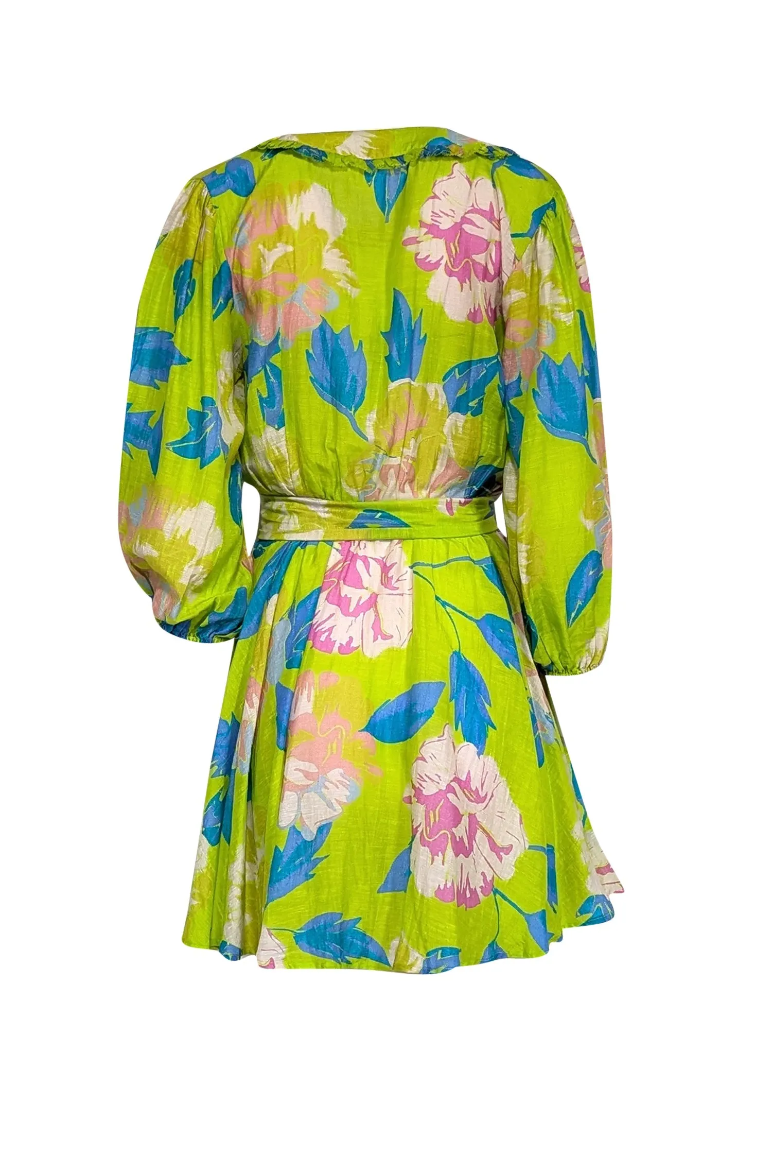 A Peace Treaty - Green & Multi Color Floral V-Neckline Linen Blend Dress Sz M