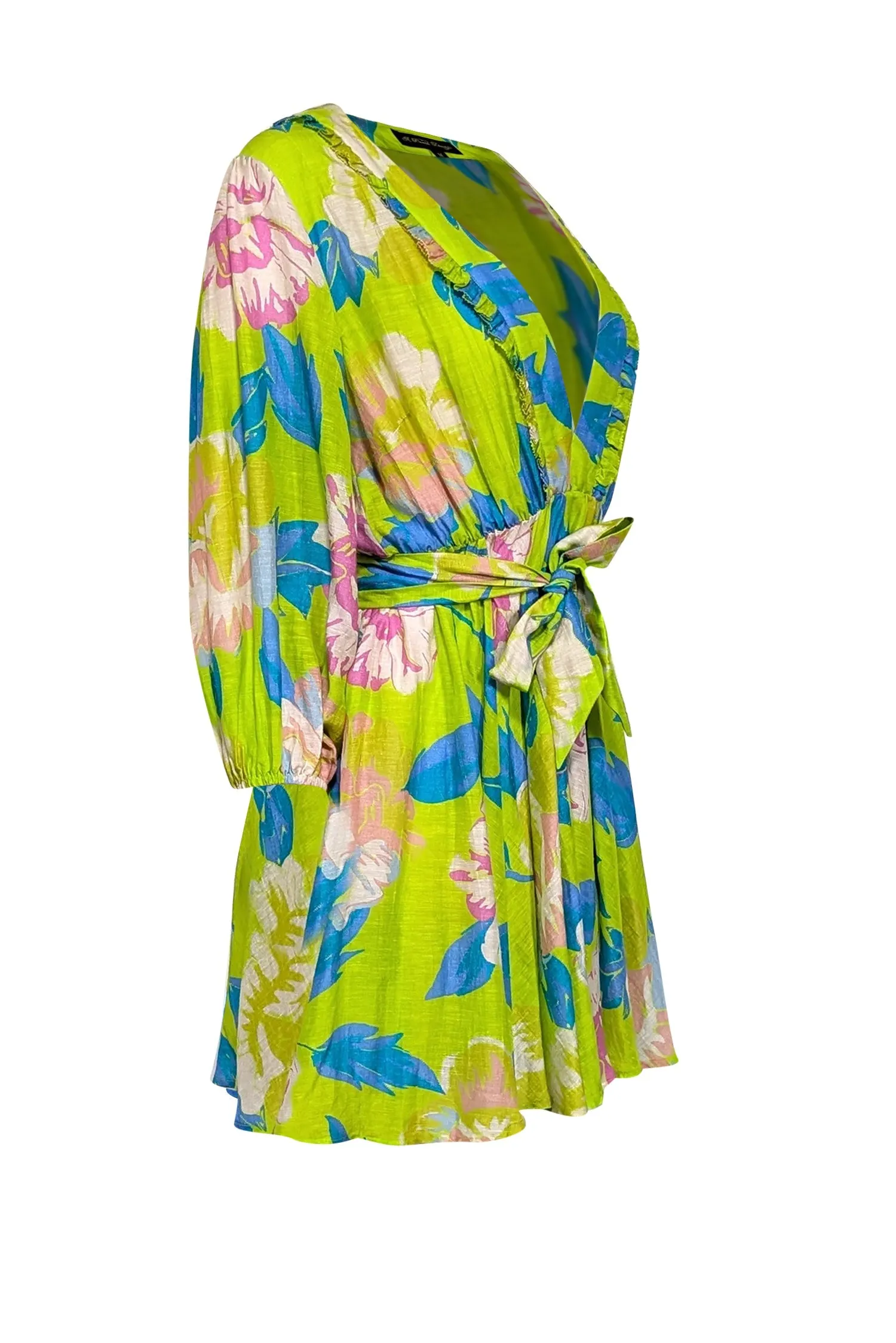 A Peace Treaty - Green & Multi Color Floral V-Neckline Linen Blend Dress Sz M