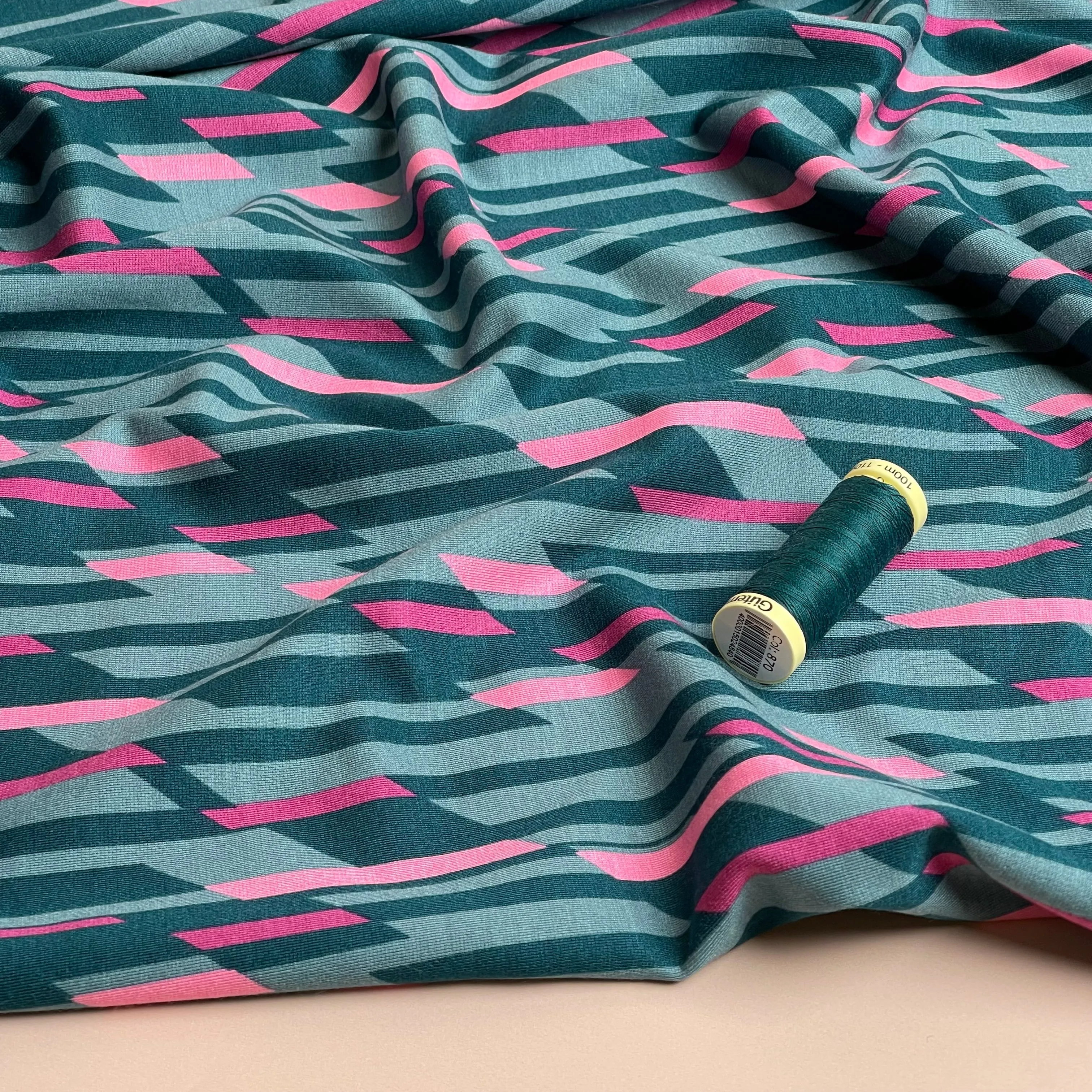 Abstract Lines Dark Mint Viscose Ponte Roma Double Knit Fabric