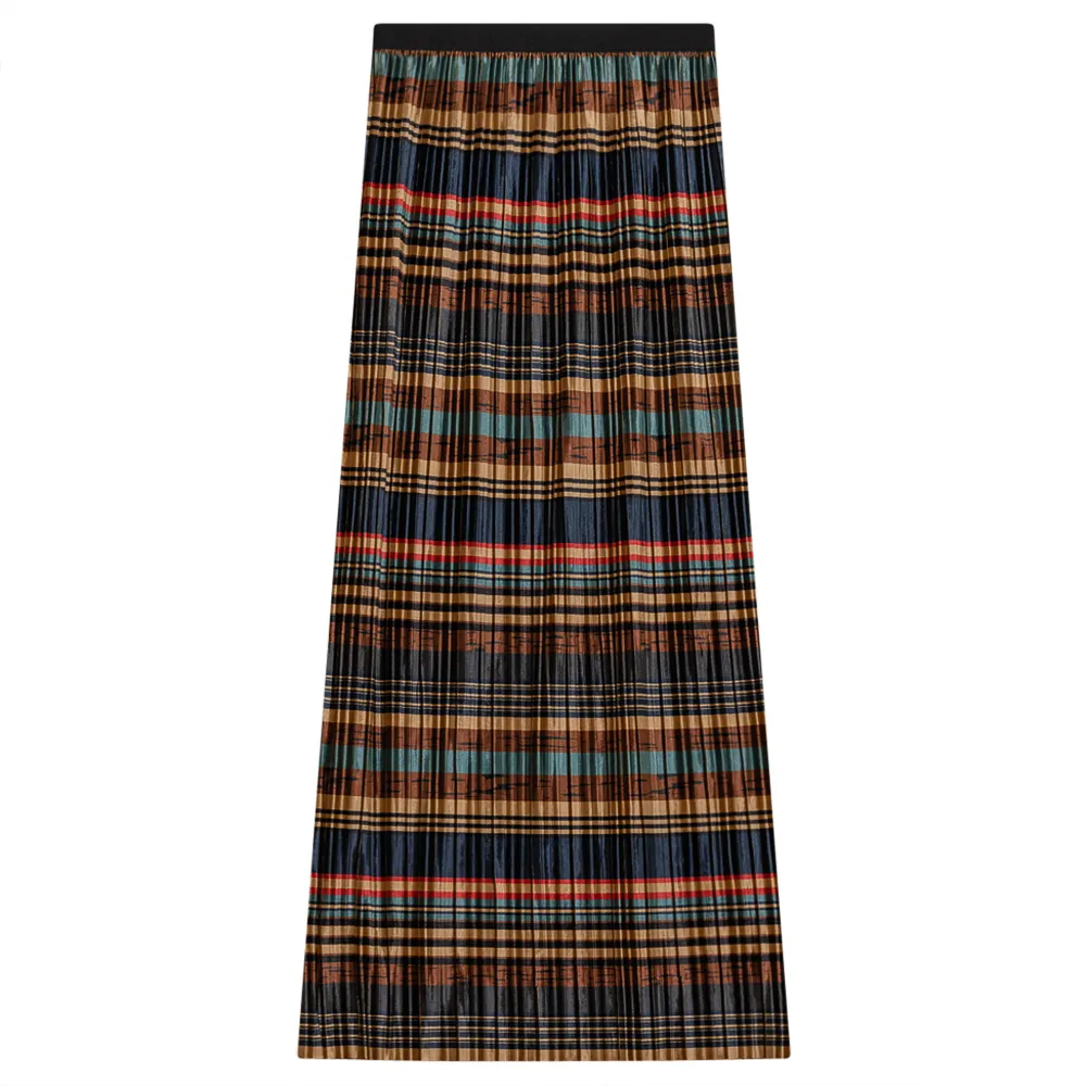 Accordion Pleated Striped Velour Maxi A-Line Skirt