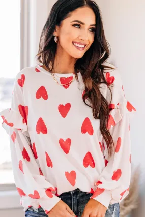 Adorable Destinations White Heart Print Ruffled Pullover