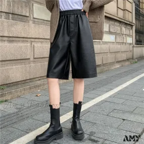 Amy Fashion - Loose Elastic Wide Leg PU Leather Shorts