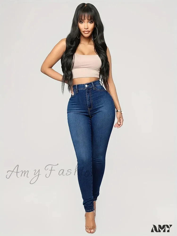 Amy Fashion - Plain High Waist Skinny High Rise Slim Fit Slash Pockets Casual Denim Jean