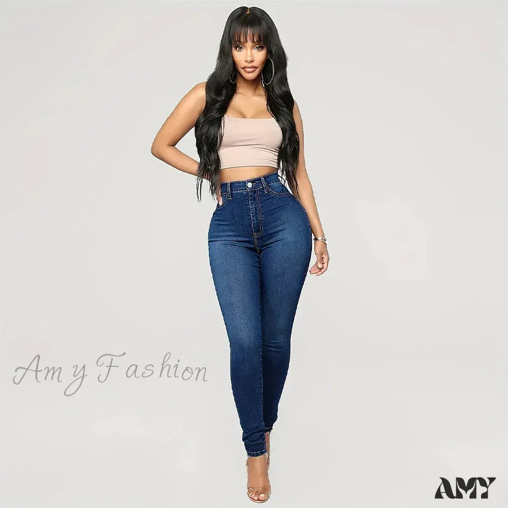 Amy Fashion - Plain High Waist Skinny High Rise Slim Fit Slash Pockets Casual Denim Jean