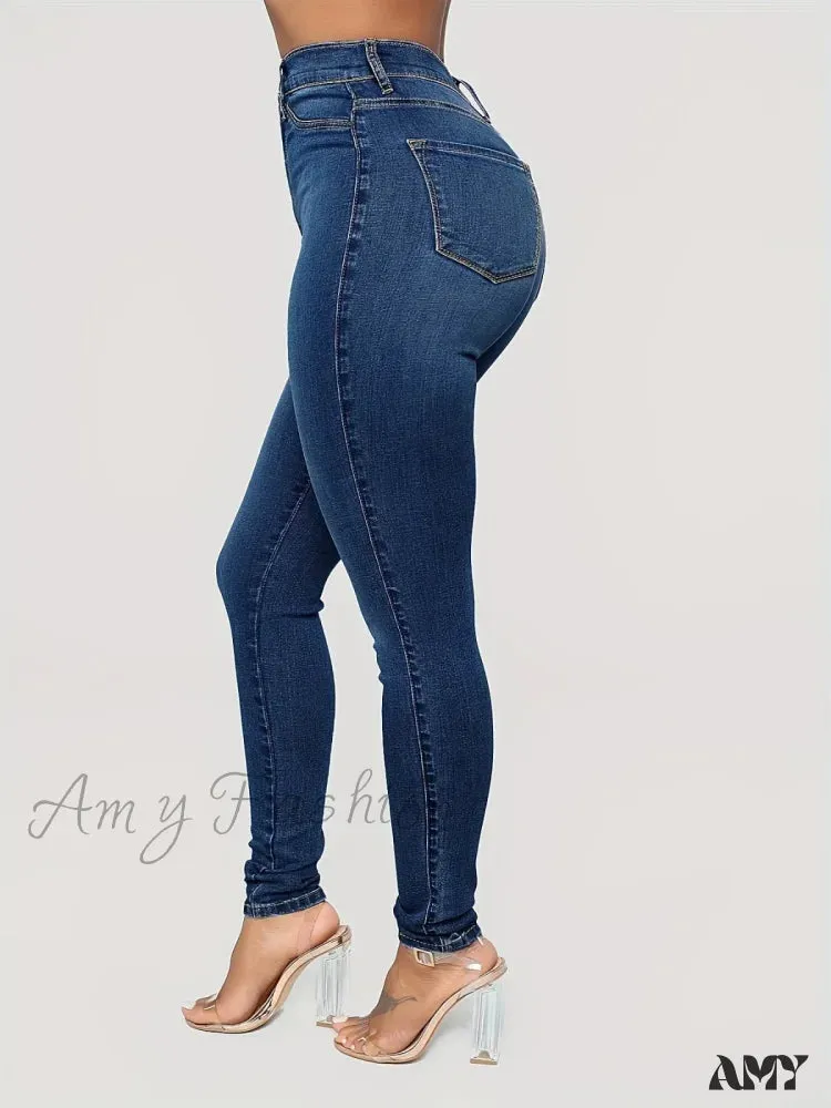 Amy Fashion - Plain High Waist Skinny High Rise Slim Fit Slash Pockets Casual Denim Jean