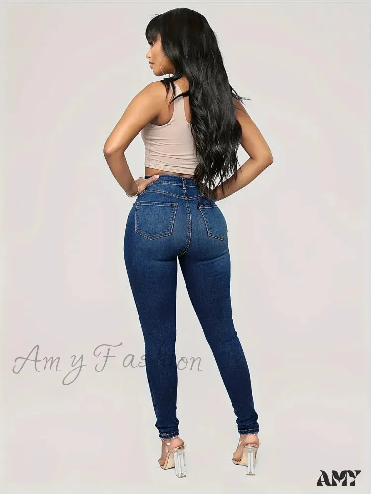 Amy Fashion - Plain High Waist Skinny High Rise Slim Fit Slash Pockets Casual Denim Jean