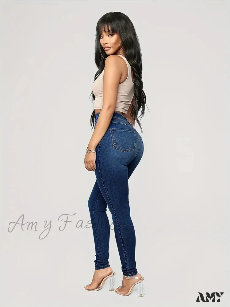 Amy Fashion - Plain High Waist Skinny High Rise Slim Fit Slash Pockets Casual Denim Jean