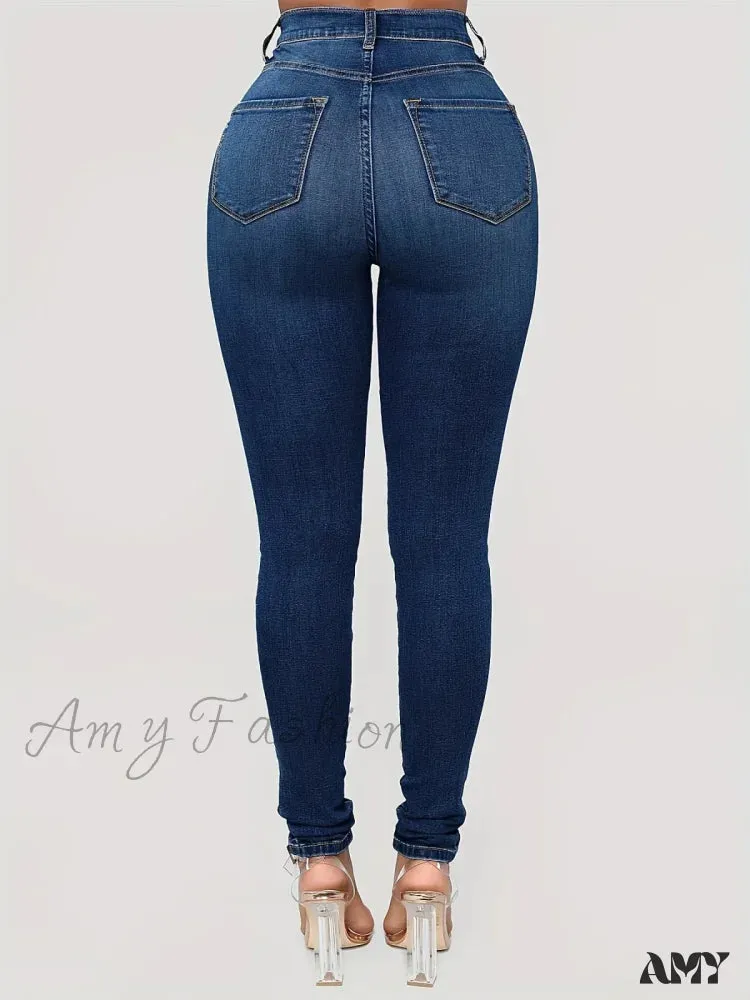 Amy Fashion - Plain High Waist Skinny High Rise Slim Fit Slash Pockets Casual Denim Jean