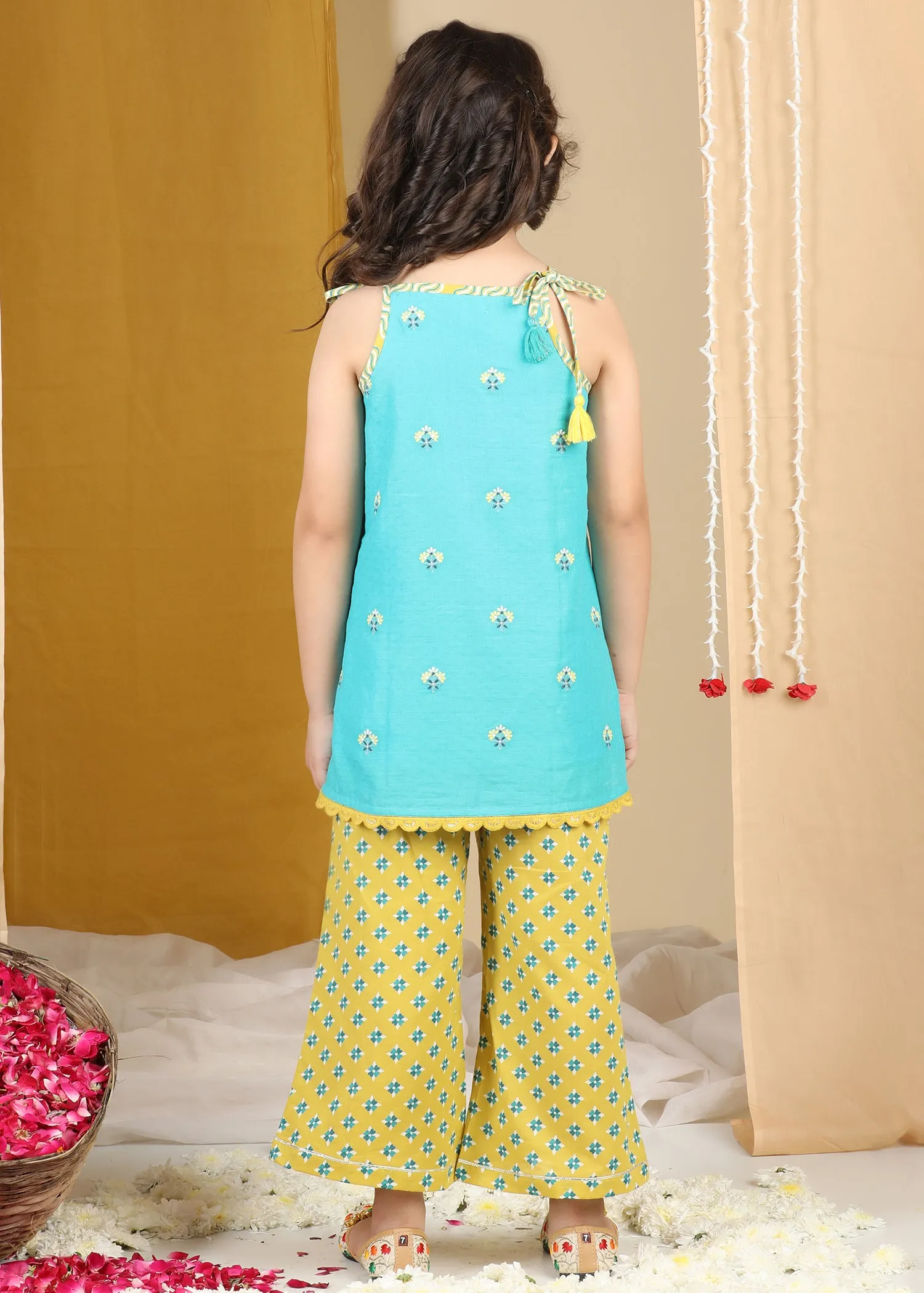 Aqua Mustard Olivia Short Kurta Flared Pant Set Girls (2-12Yrs)