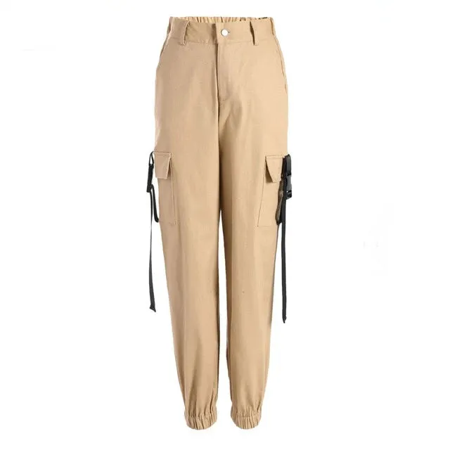 ASHORESHOP Women loose Cotton Pant Black High Waist Hip Cargo Pants