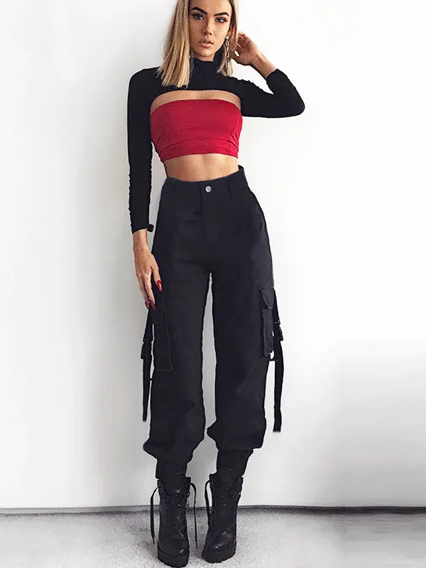 ASHORESHOP Women loose Cotton Pant Black High Waist Hip Cargo Pants